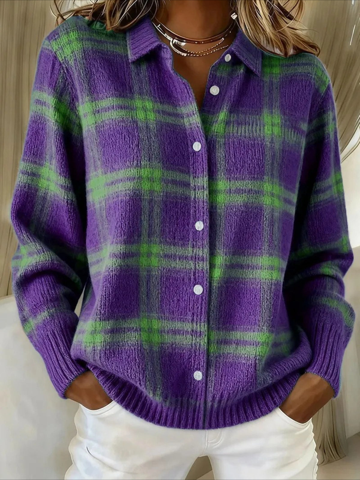 Plaid Collared Button-Up Knit Cardigan