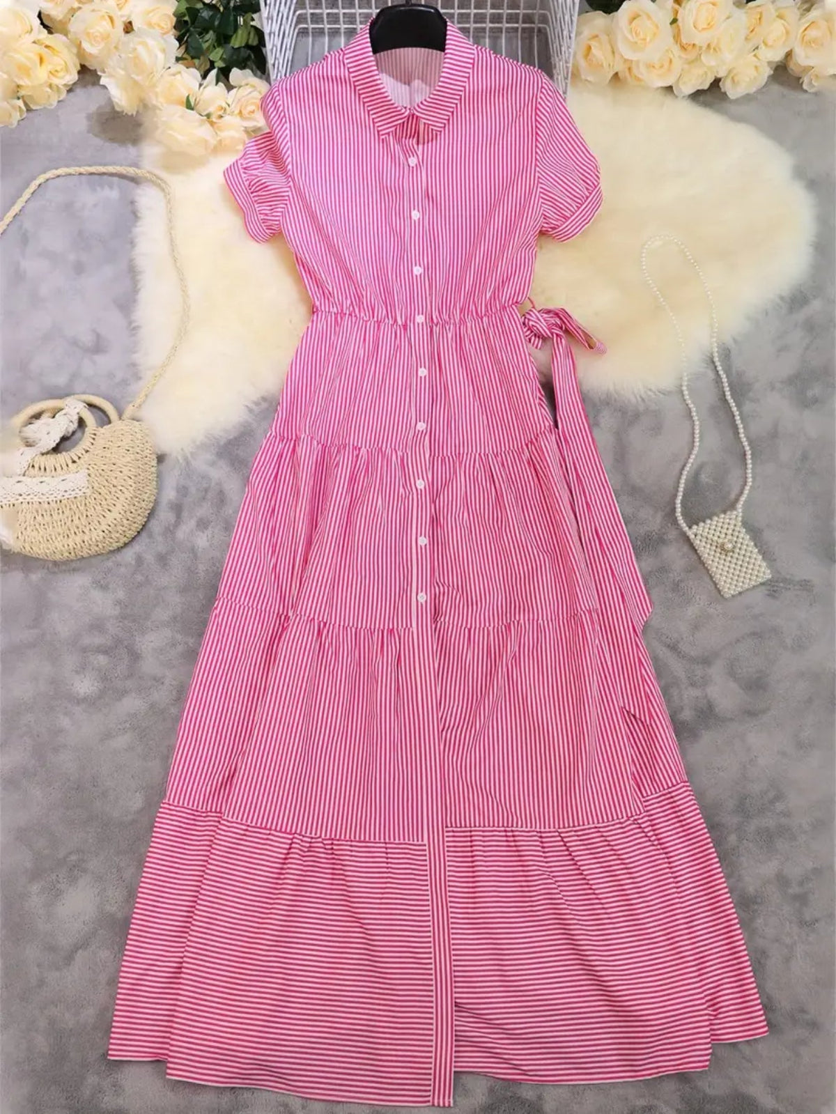 Button Front Short Sleeves Vibrant Striped Tunic Shirt Maxi Dress