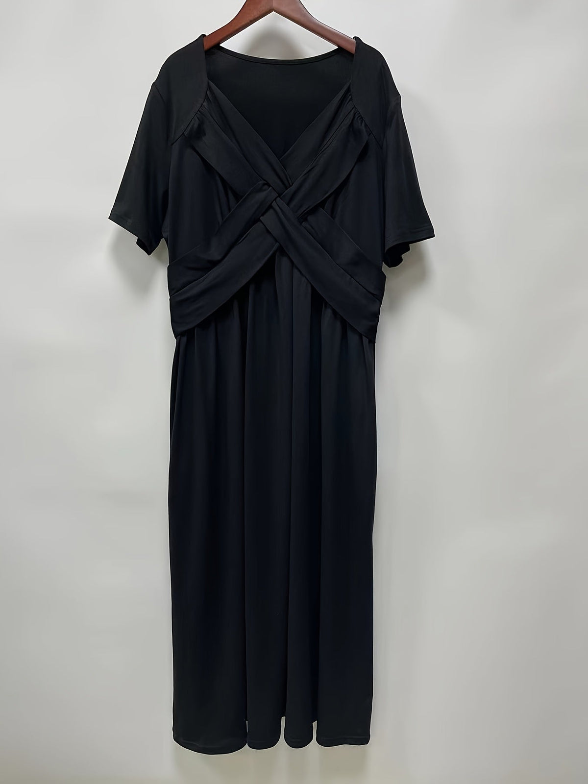 Solid V Neck Dress, Casual Criss Cross Short Sleeve Dress