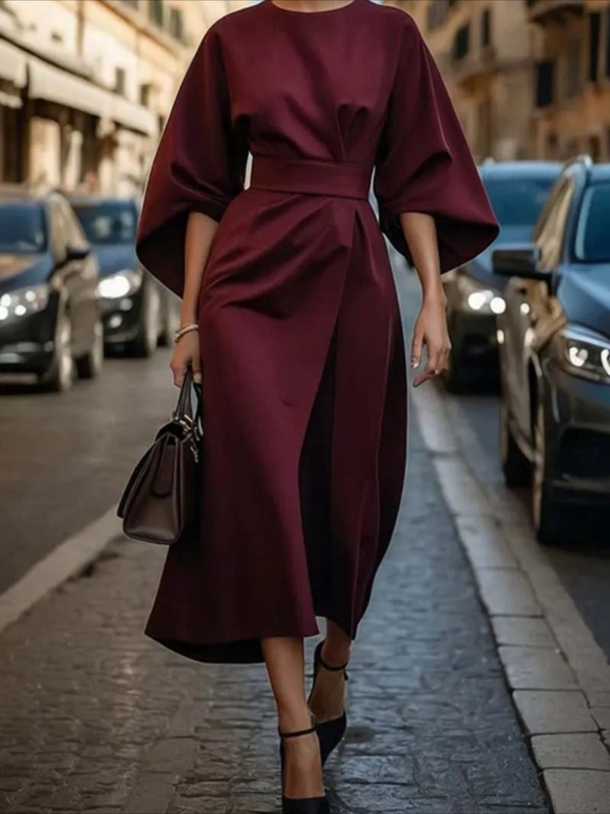 Elegant Solid Color Waist Seven Quarter Sleeve Round Neck Dress