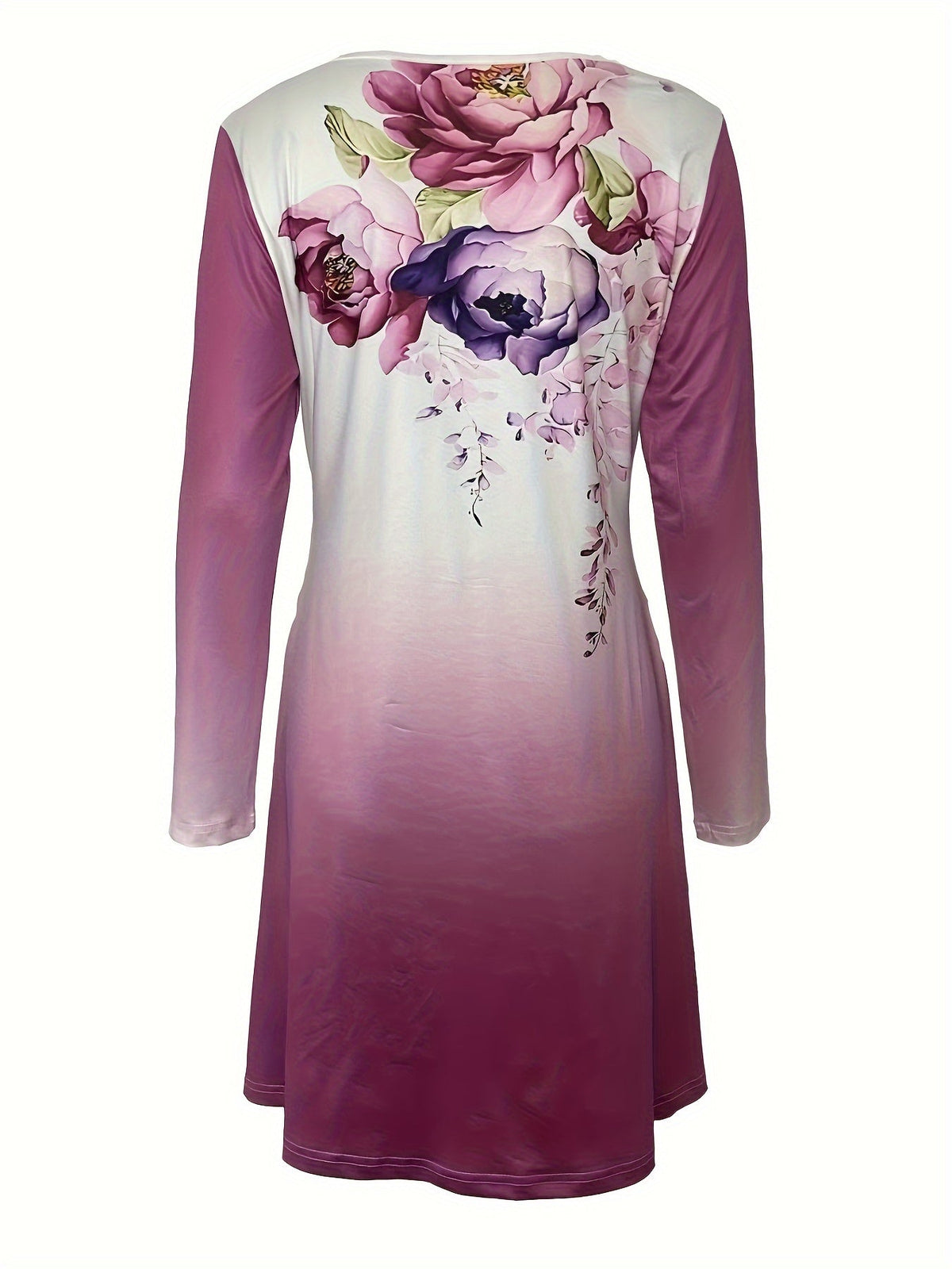 Graphic Print Long Sleeve Dress, Casual Crew Neck Midi Dress