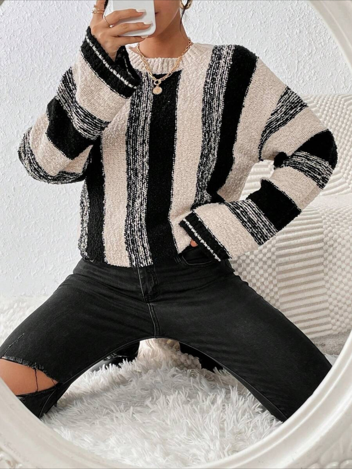 Striped Split Joint Winter Casual Long Sleeve Crew Neck Sweater