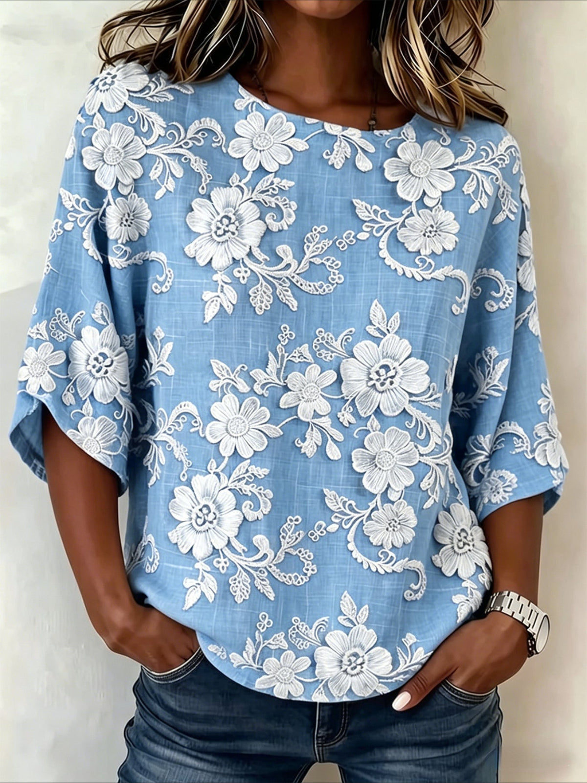 Loose Cotton And Linen Round Neck Half Sleeve Vintage Shirt