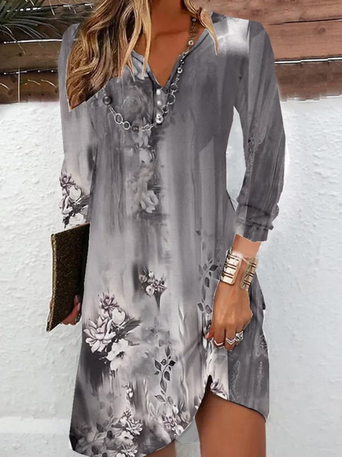 Floral Print Notched Neck Dress, Vintage Long Sleeve Mini Dress