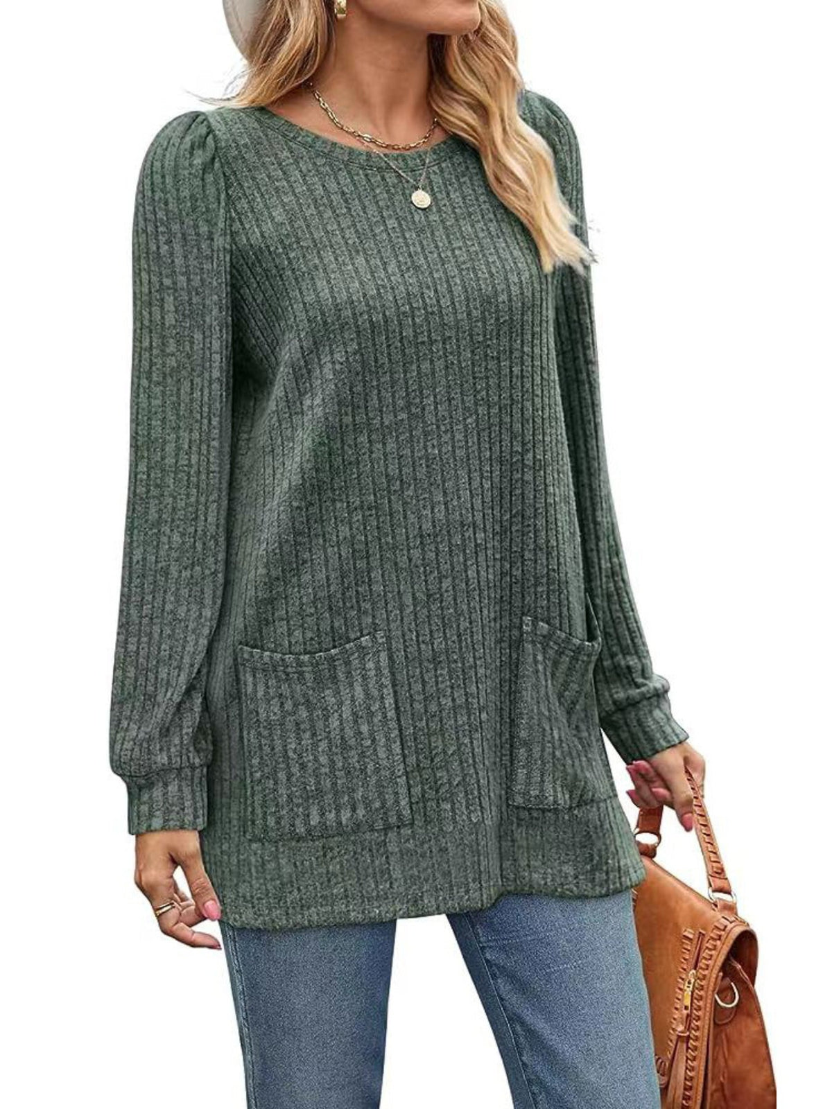 Casual Top, Women's Solid Ribbed Long Sleeve Round Neck Medium Stretch Top With Pockets