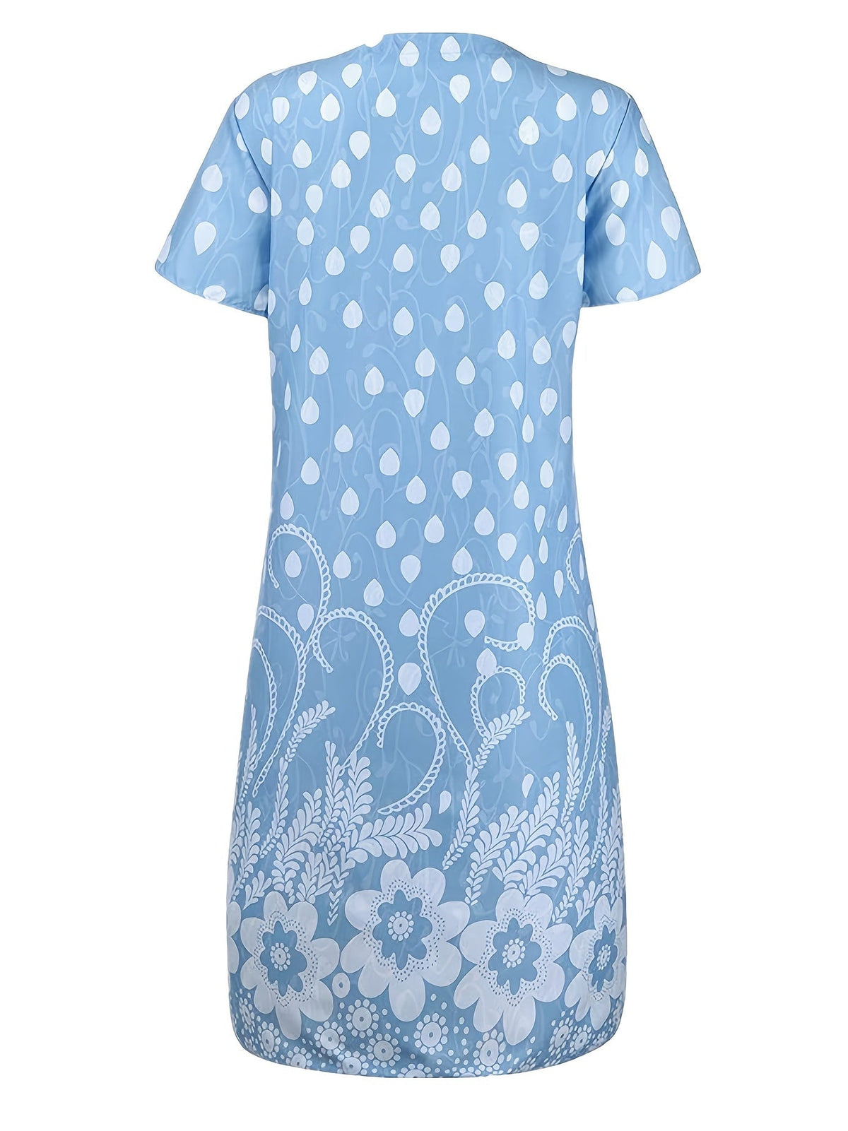 Retro Print Loose Long Dress, Short Sleeve V-neck Waist Summer Dresses