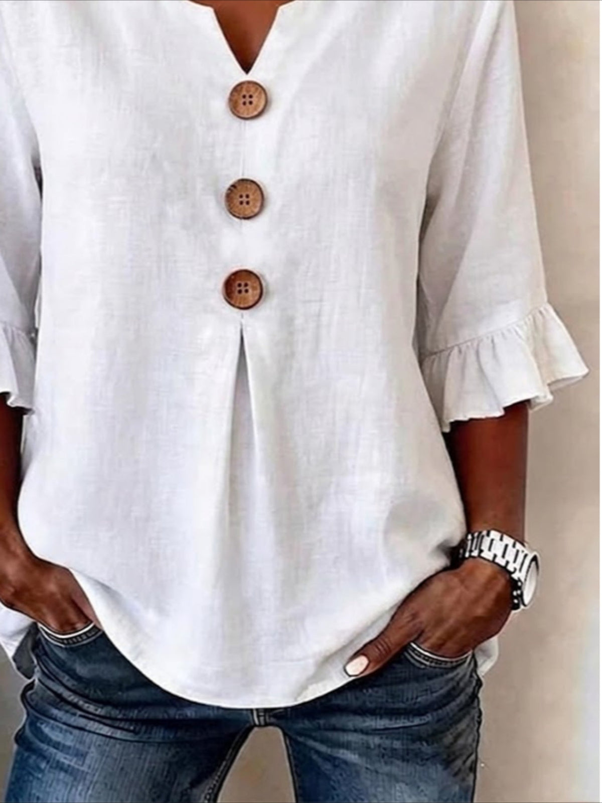 Solid Color Floral V Neck Button Short Ruffle Sleeve Casual Top