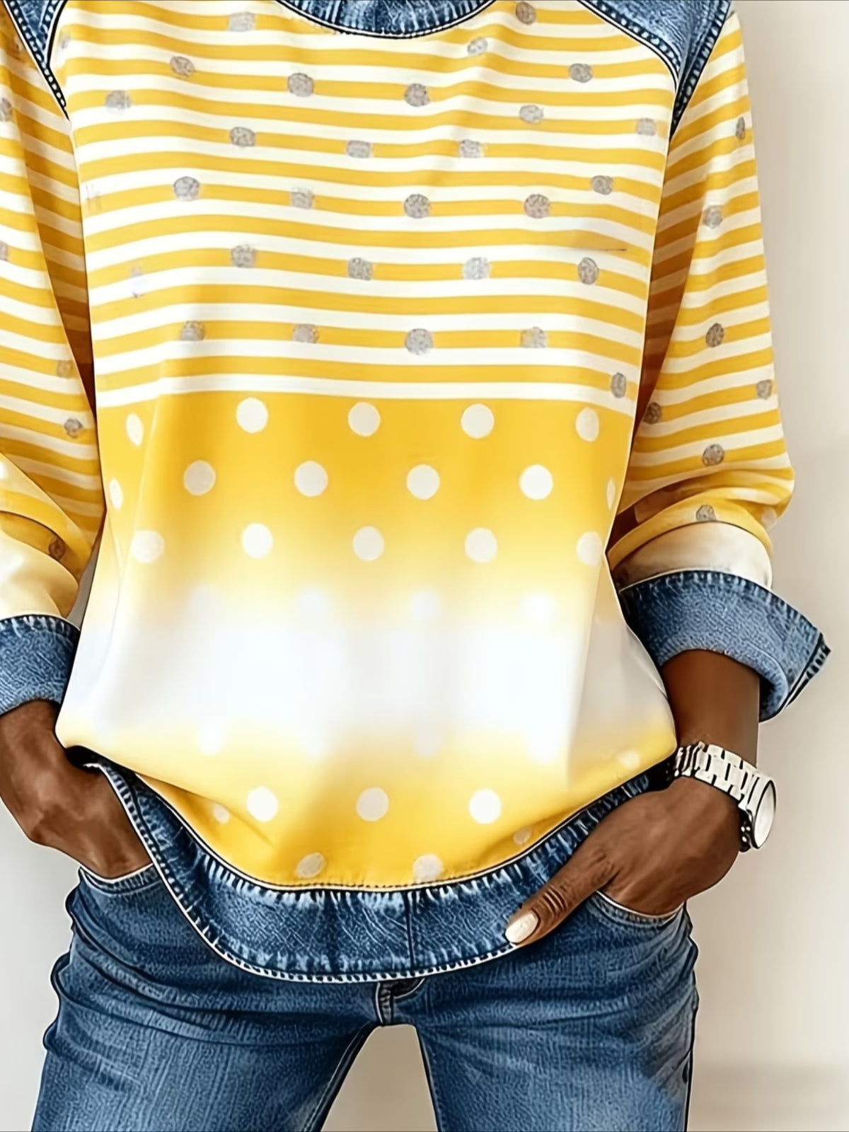 Printed Denim Splicing Long Sleeve Crew Neck Sweatshirts