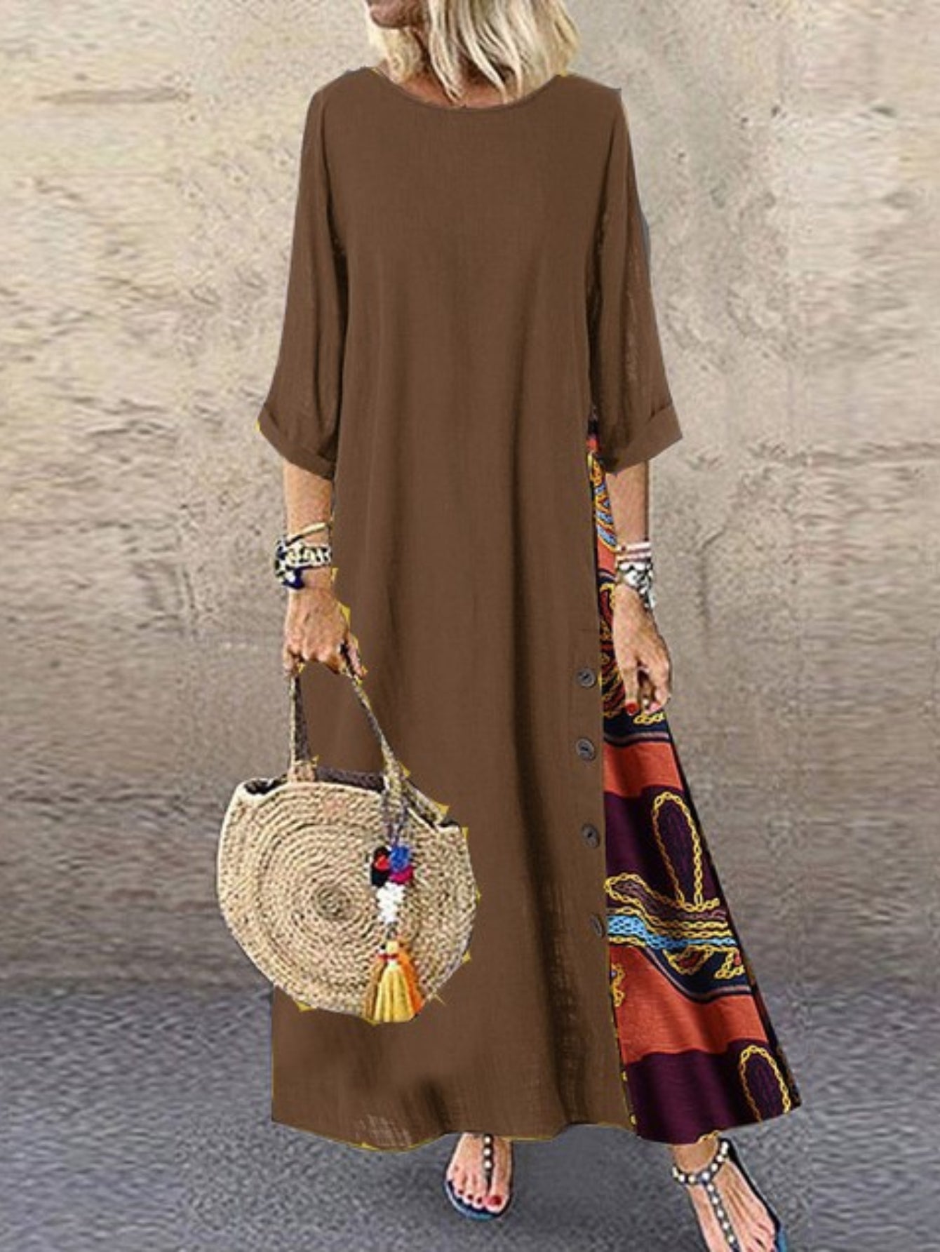 Tribal Print Crew Neck Panel Dress, Casual Long Sleeve Loose Maxi Dress
