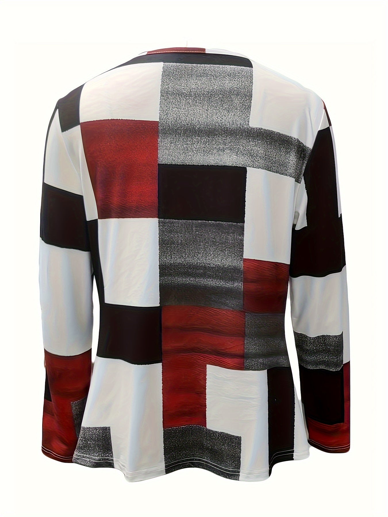 Colorblock Print Ruched T-Shirt, Casual Long Sleeve Top