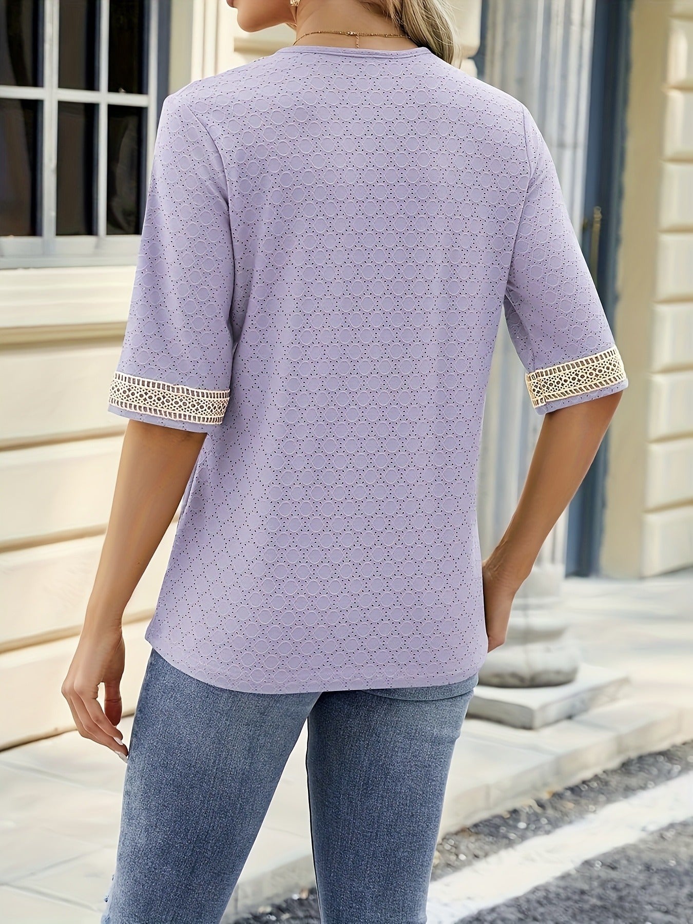 Guipure Lace V-neck Eyelet T-Shirt, Vintage Half Sleeve Loose T-Shirt