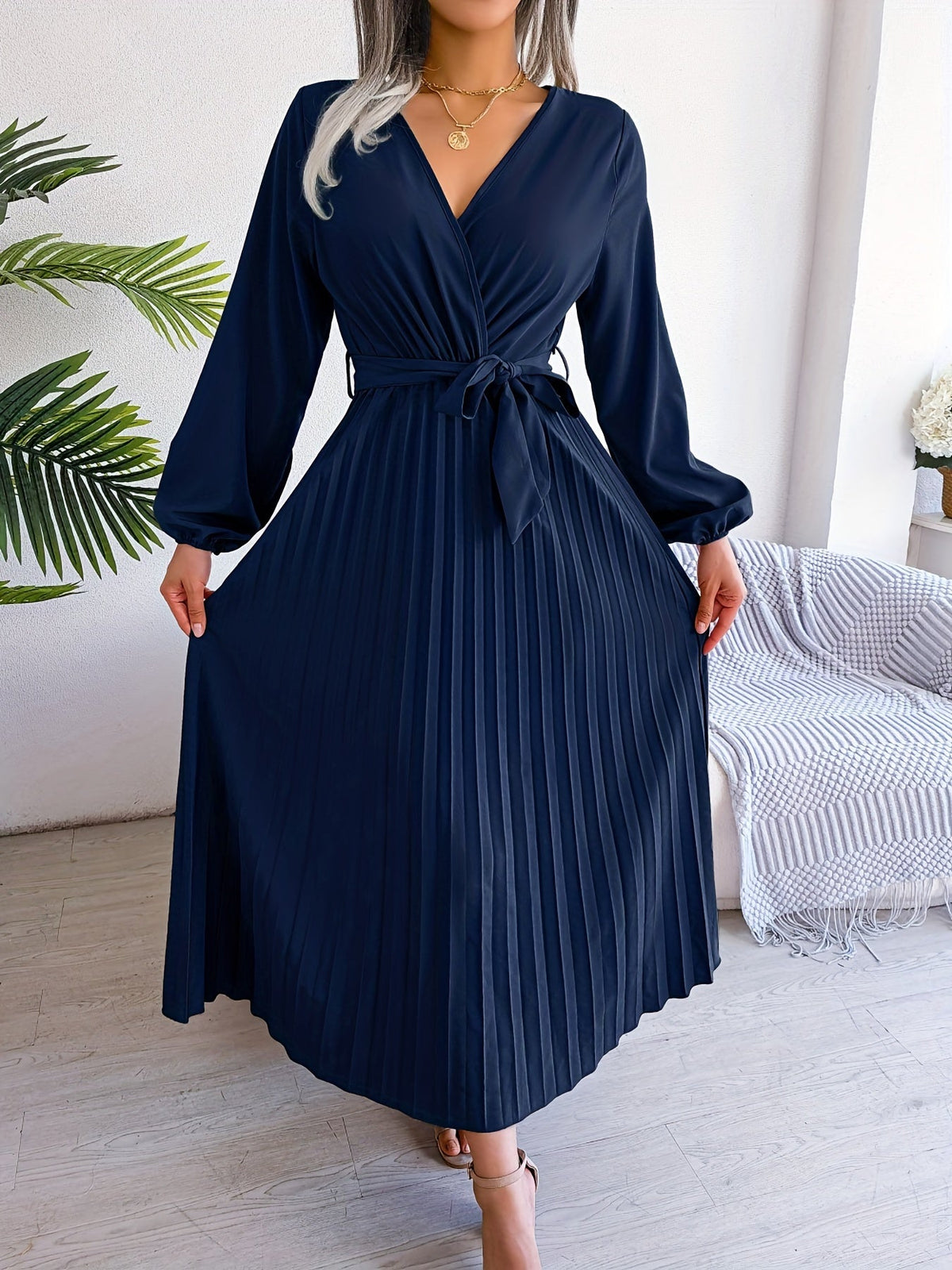 Pleated Surplice Neck Dress, Elegant Long Sleeve Solid Dress, Women's Clothing