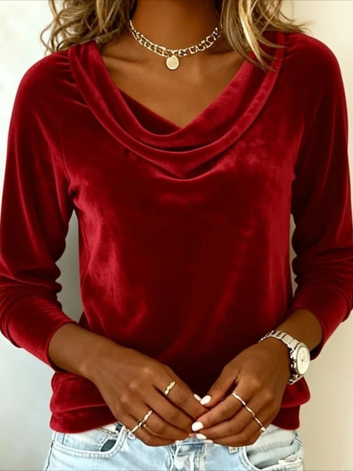 Solid Color Swinging Neck Long Sleeve Sexy Velvet T-shirt