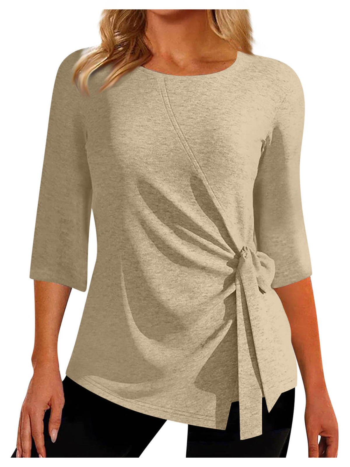 Solid Ruched Tie Front Top, Casual Three-quarter Sleeve Top
