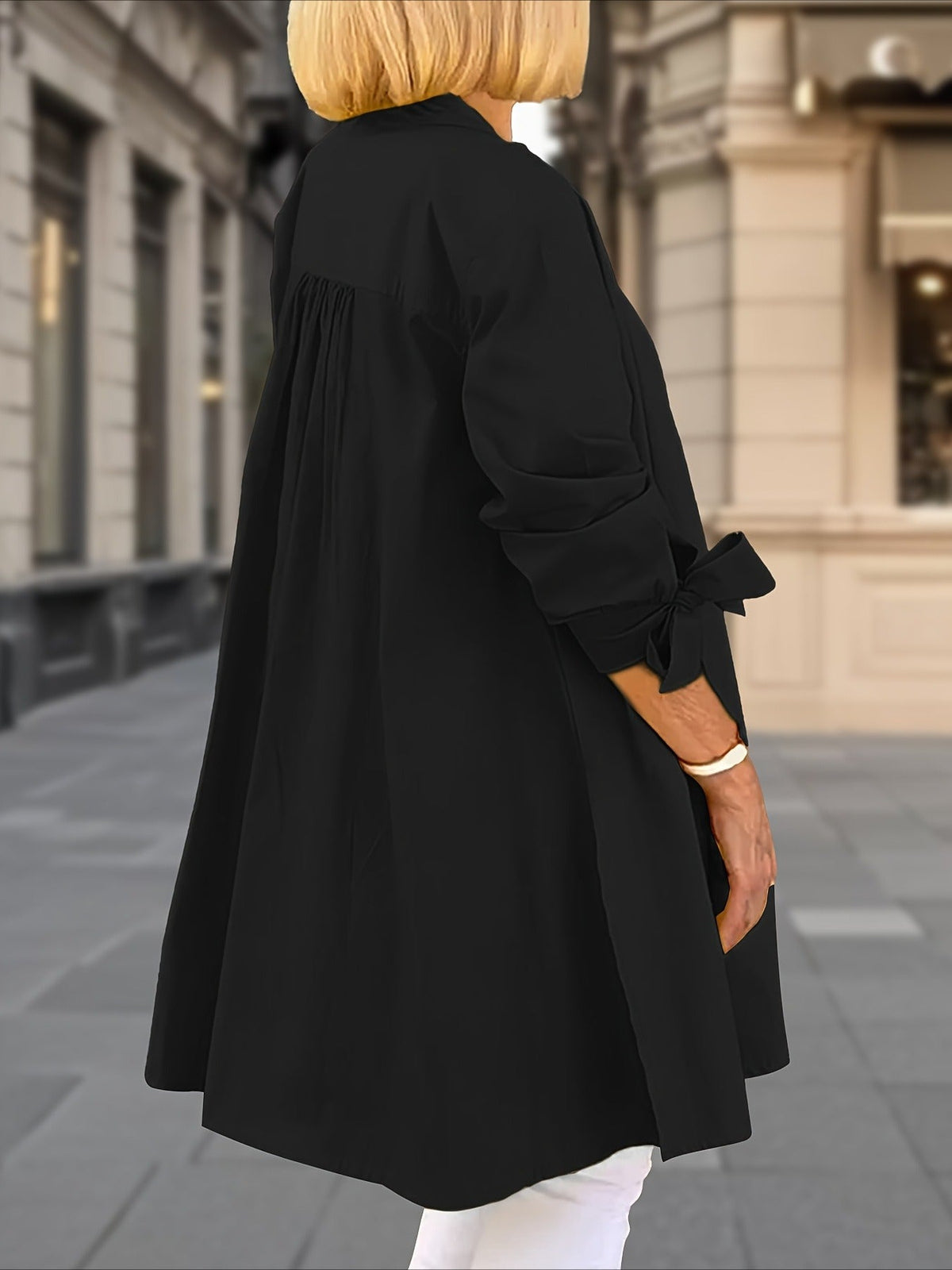 Elegant Loose-Fit Adjustable Cuffs Side Slit Breathable Fabric Round Neck Nontransparent Material Shirt