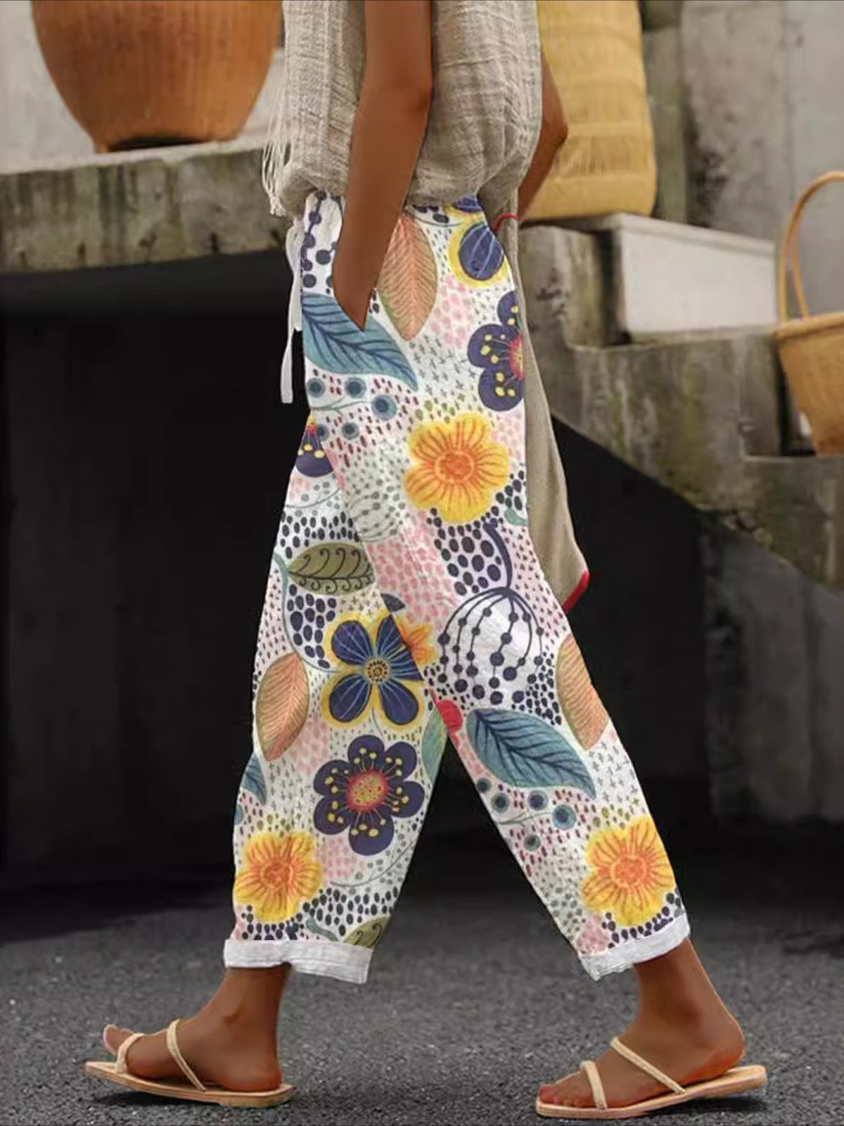 Floral Print Pants, Casual Elastic Waist Pants