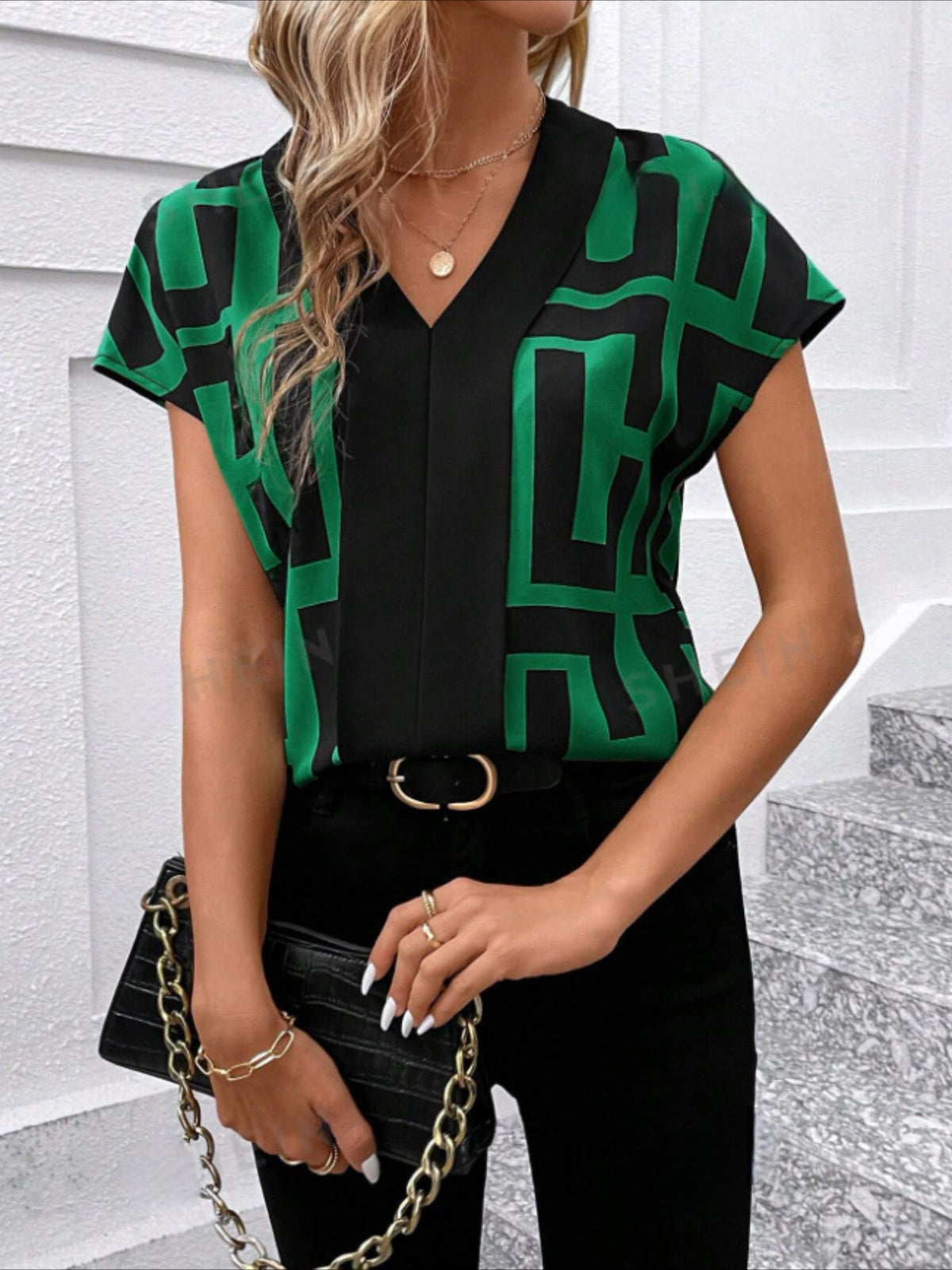 Geo Print V Neck Loose Blouse, YOUNG Short Sleeve Blouse