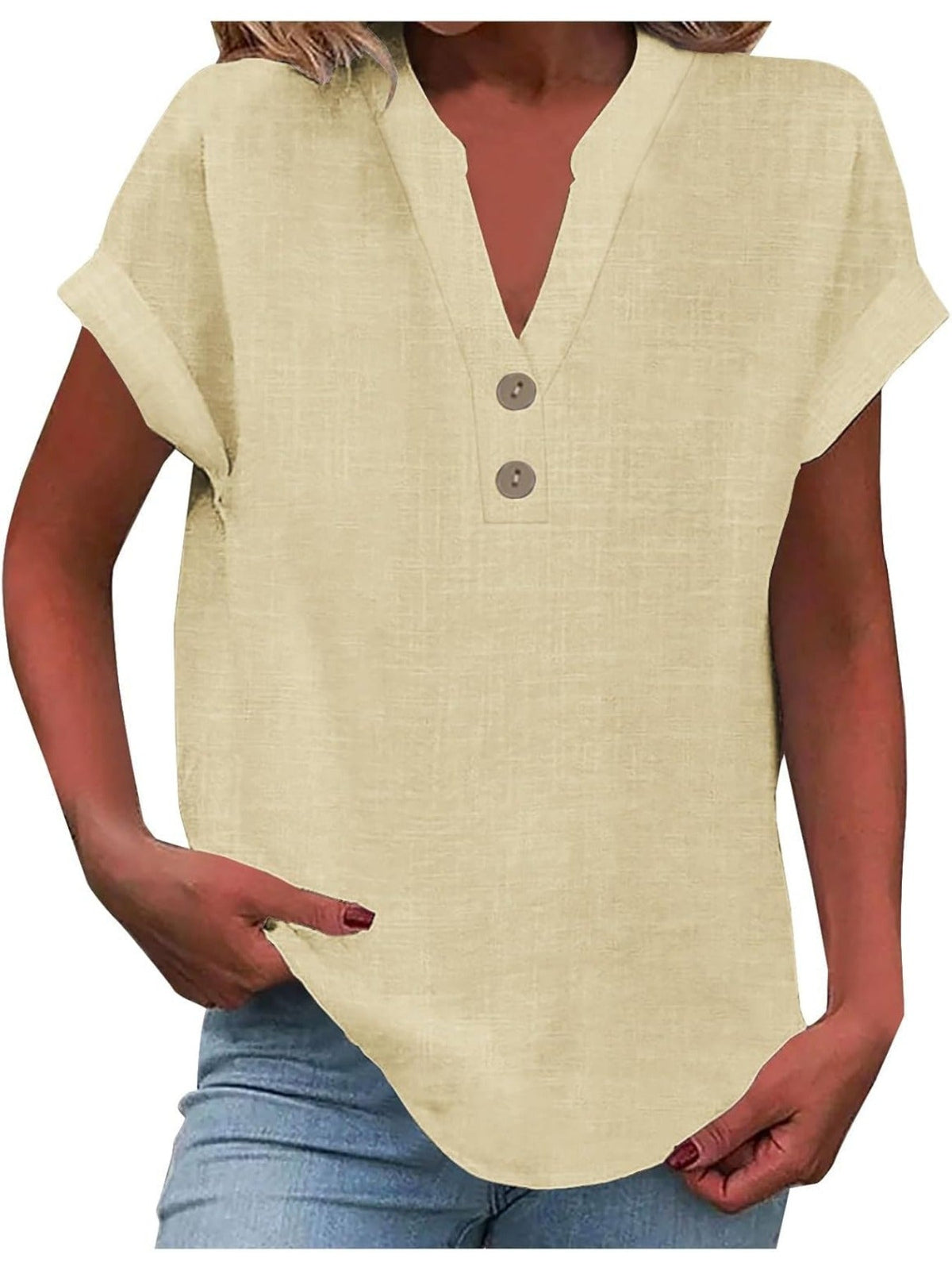 Solid Color V Neck Short Sleeve Button Down T Shirts