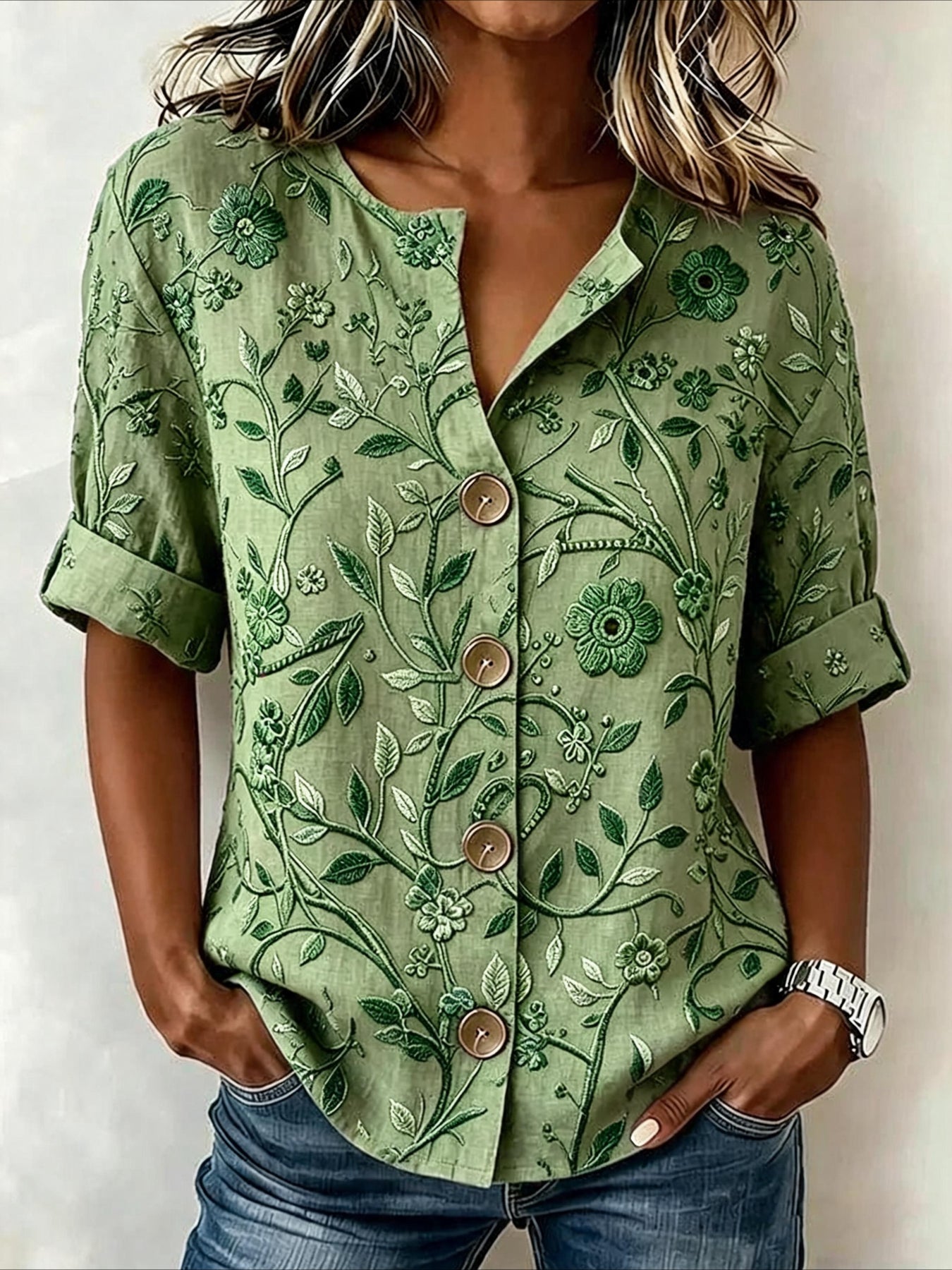 Floral Loose Stand Collar Simple Linen Blend Long Sleeve Shirt