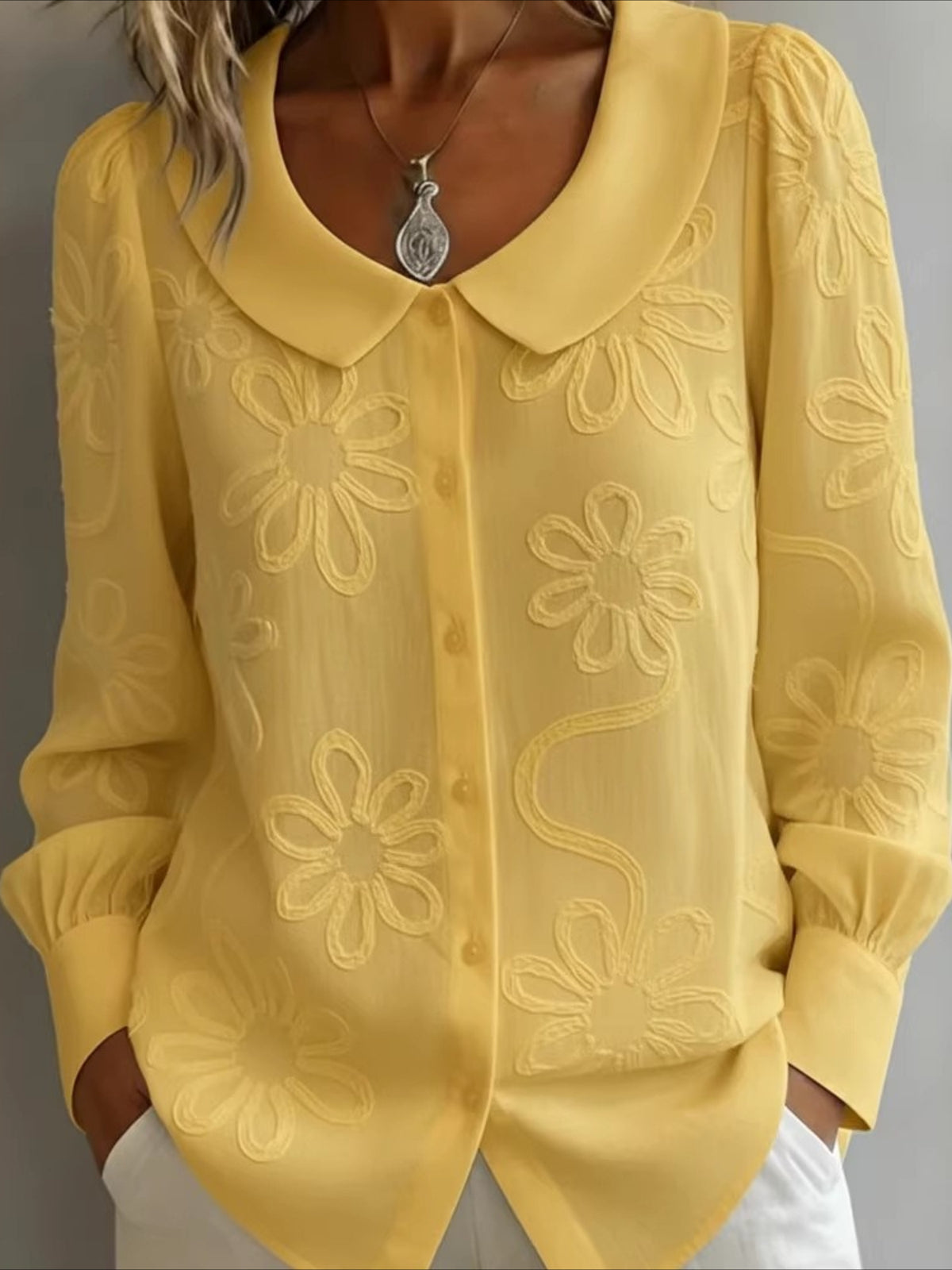 Embroidery Floral Long Sleeve Crew Neck Button Loose Going Out Casual Top