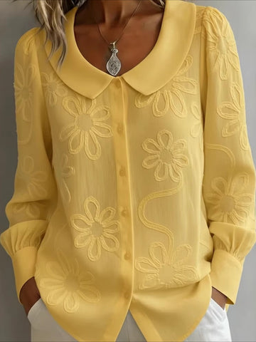 Embroidery Floral Long Sleeve Crew Neck Button Loose Going Out Casual Top