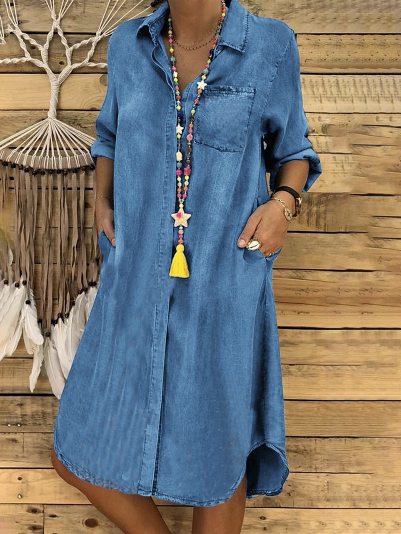 Lapel Button Front Denim Blouse Midi Dress