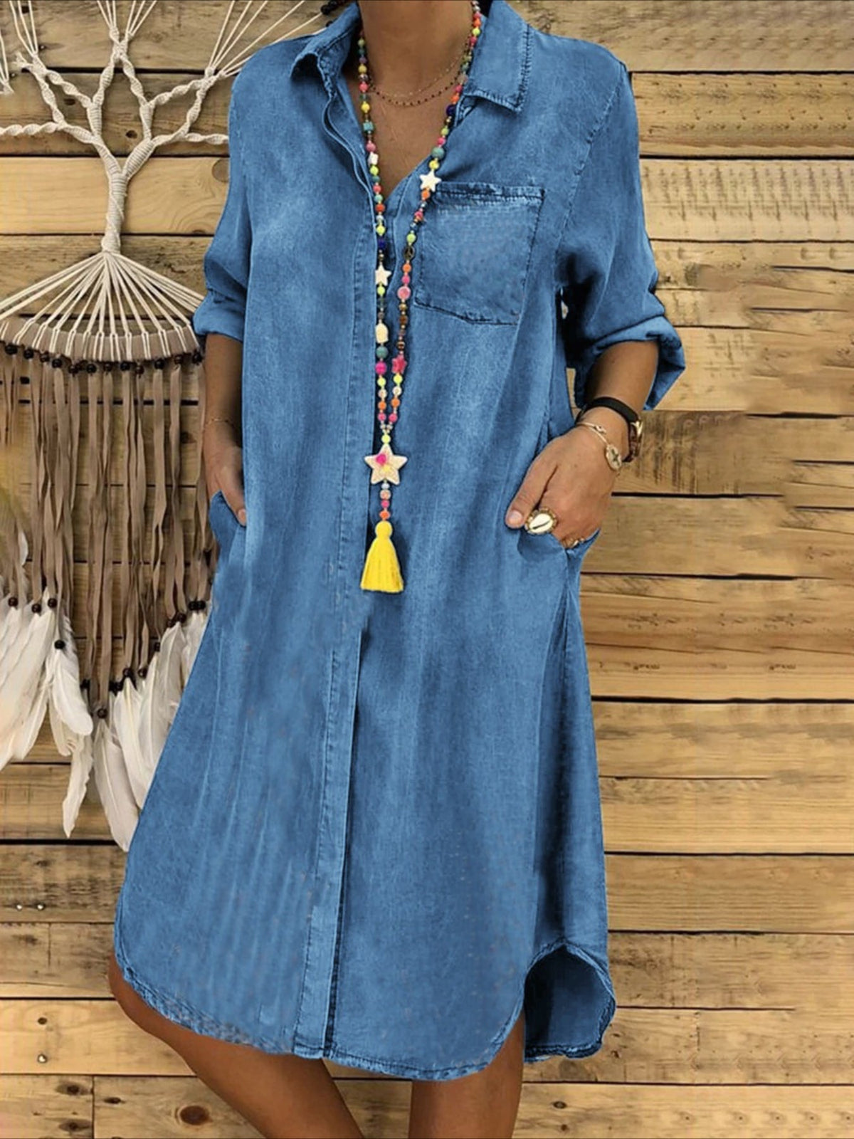 Lapel Button Front Denim Blouse Midi Dress