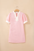 Light Pink Scallop Color Block Trim Puff Sleeve Mini Dress