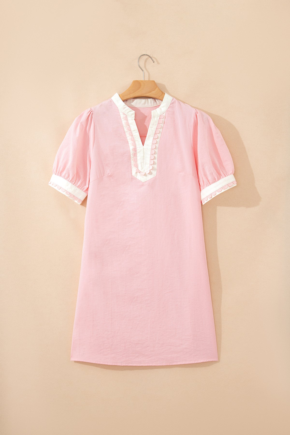 Light Pink Scallop Color Block Trim Puff Sleeve Mini Dress