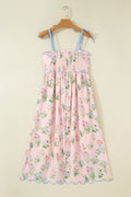 Pink Floral Print Contrast Trim Self-tie Straps High Waist Midi Dress