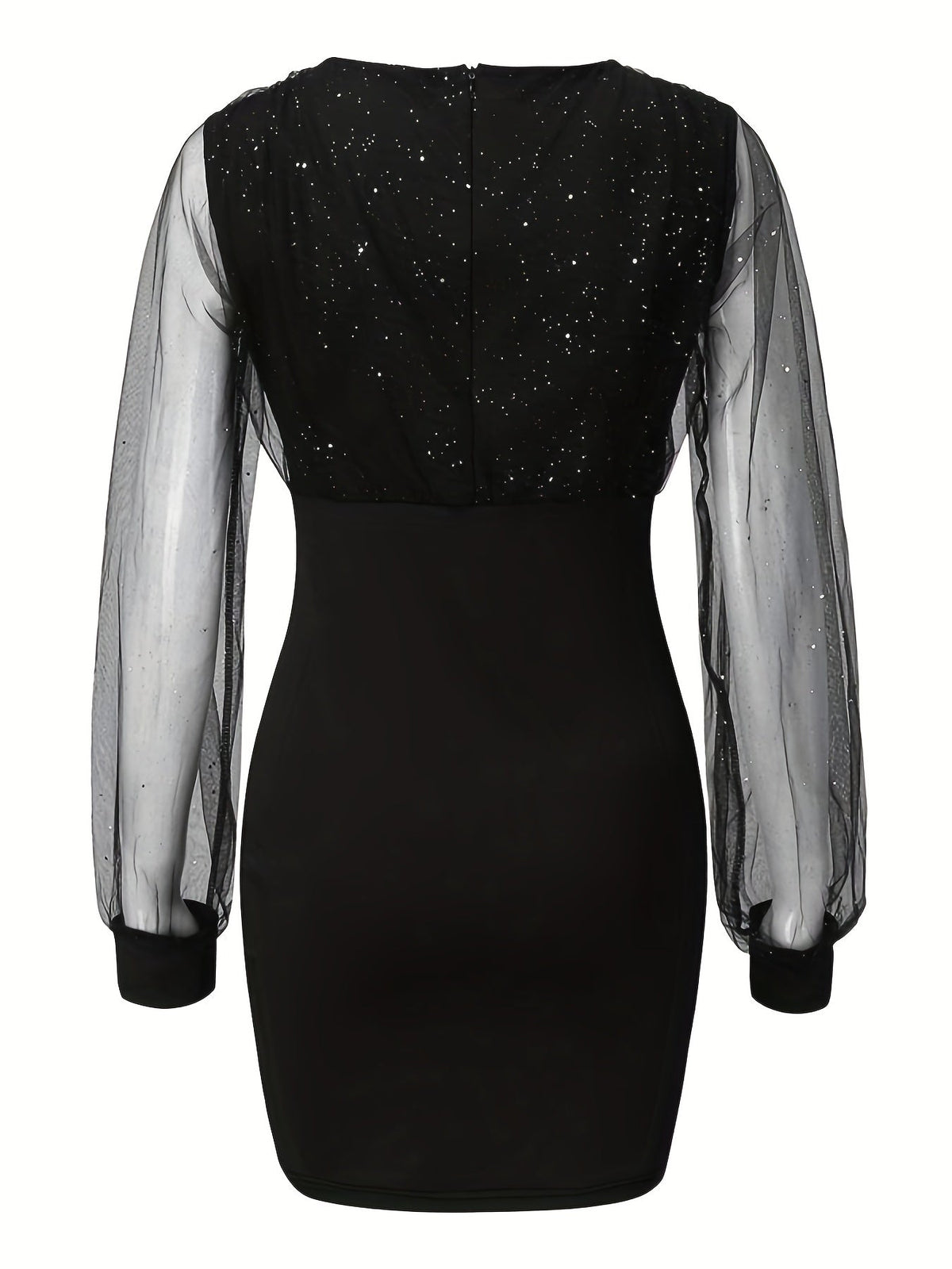 Solid Sequin Stitching Lace Long Sleeve Dress, Elegant Mesh Slim Sexy Party Dress