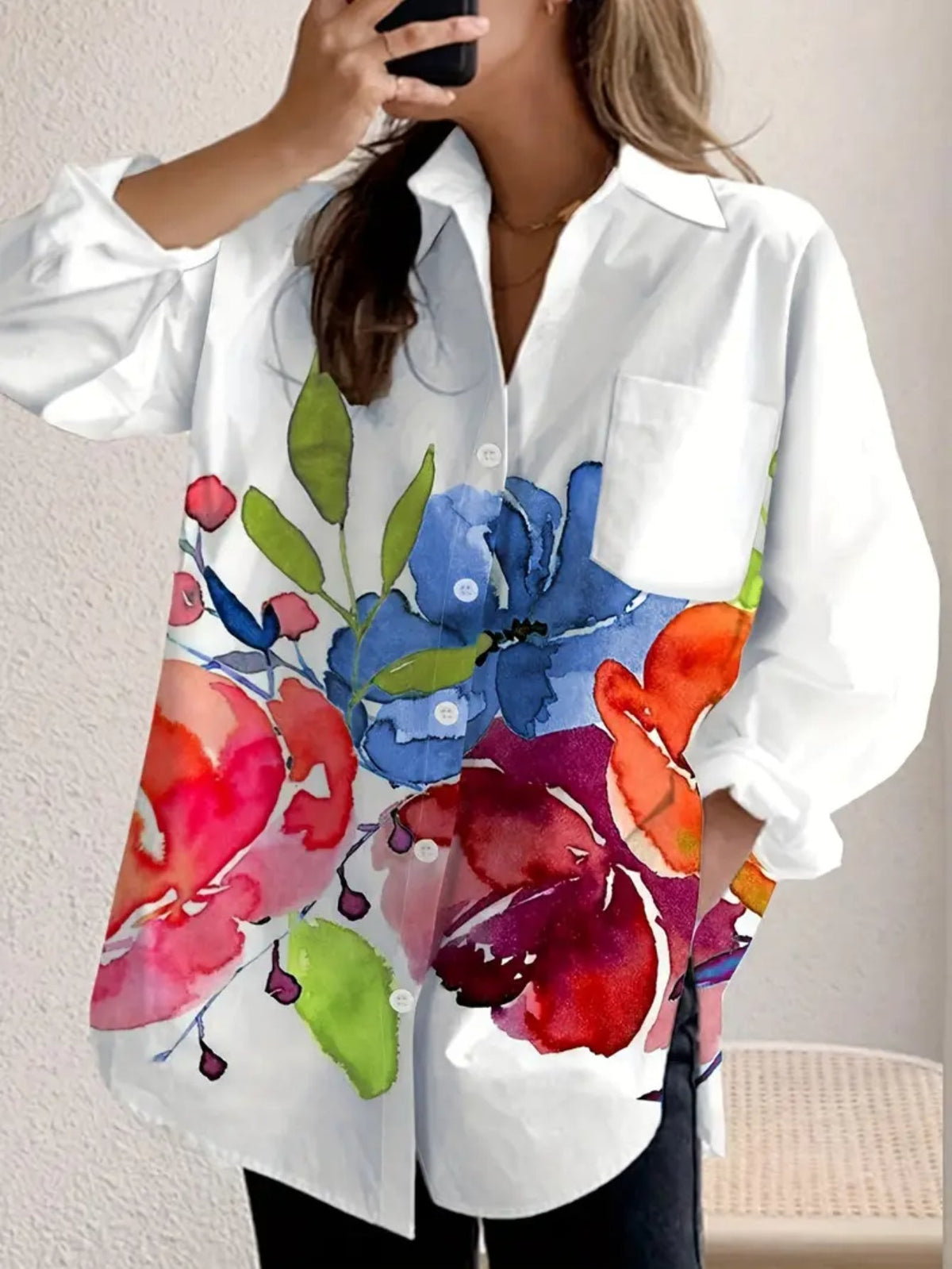 Ink Painting Printed Casual Button-Up Long Sleeve Shirt for Women