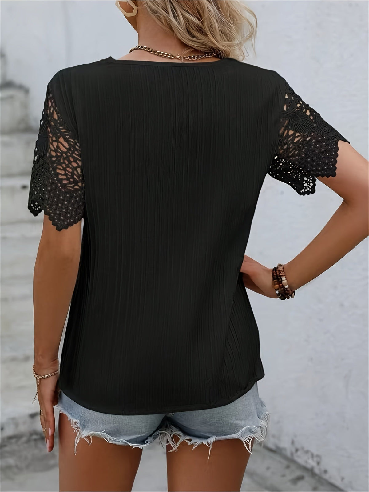 Solid Lace Splicing V-neck Blouse, Vintage Short Sleeve Blouse