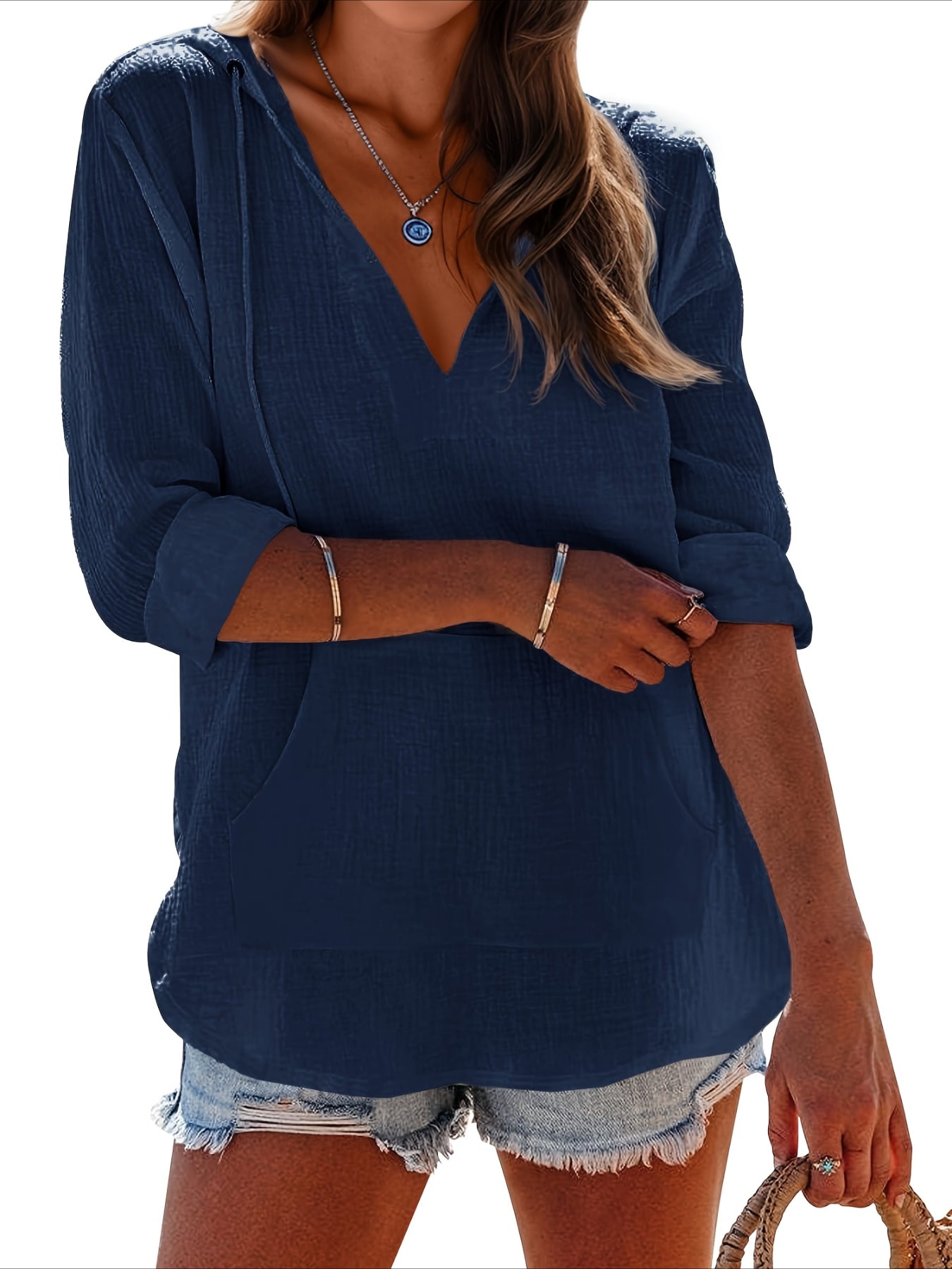 Long Sleeve V Neck Pocketed Hooded Sweatshirt