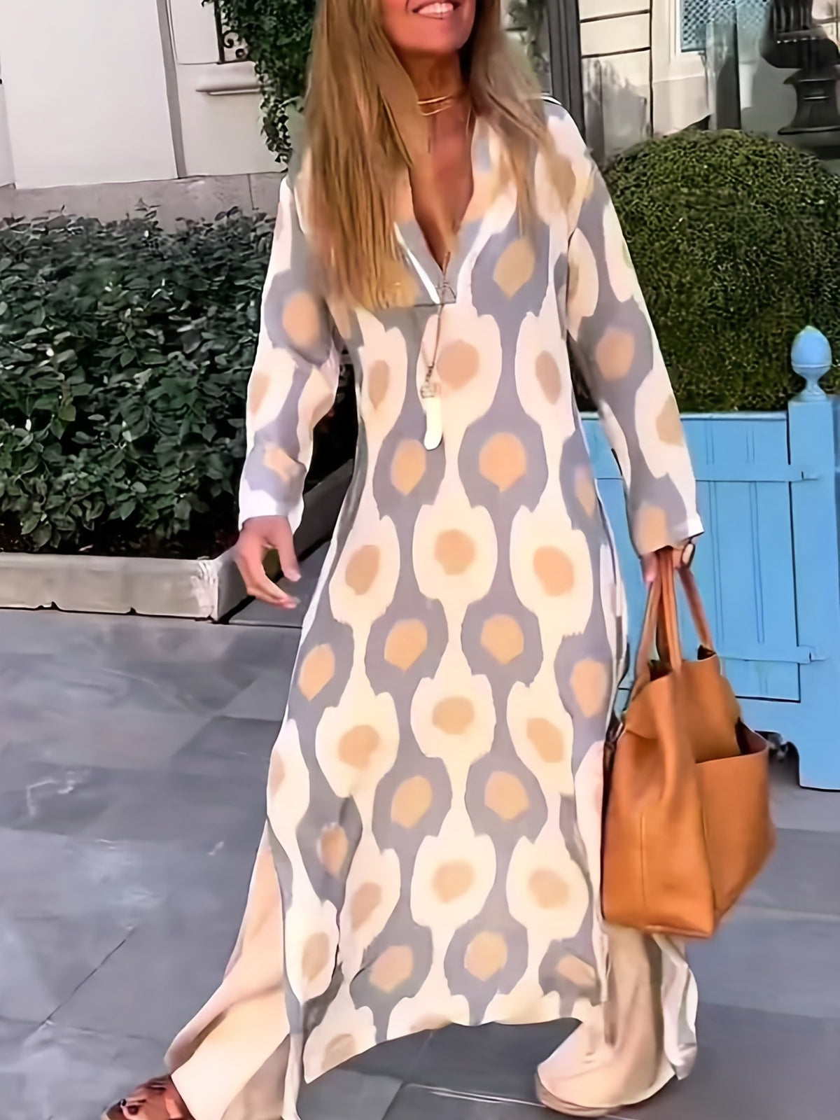 Graphic Print Split Dress, Vintage V Neck Long Sleeve Maxi Dress