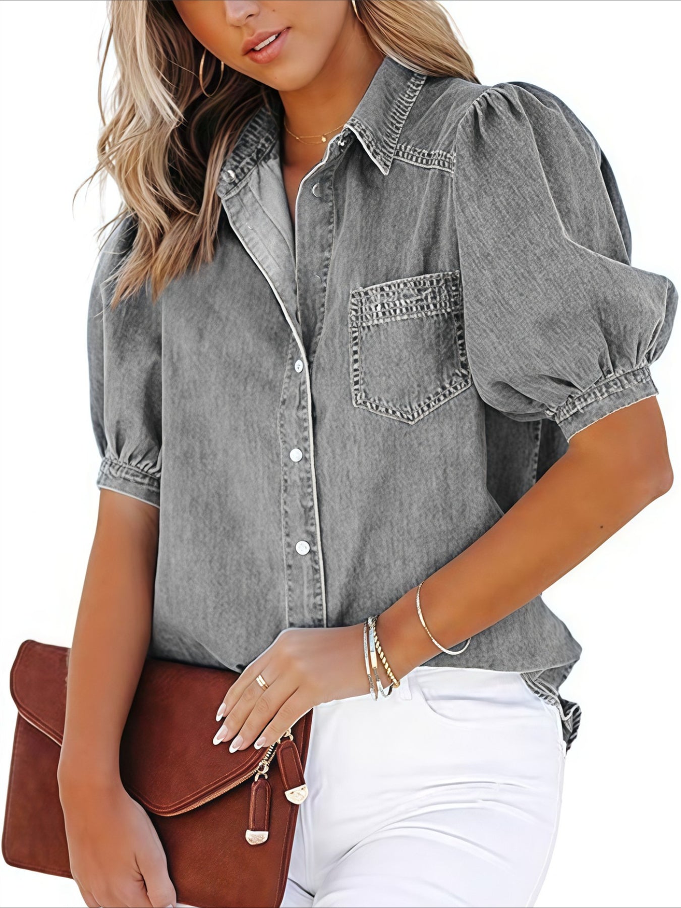 Short Sleeve Denim-Look Casual Shirt