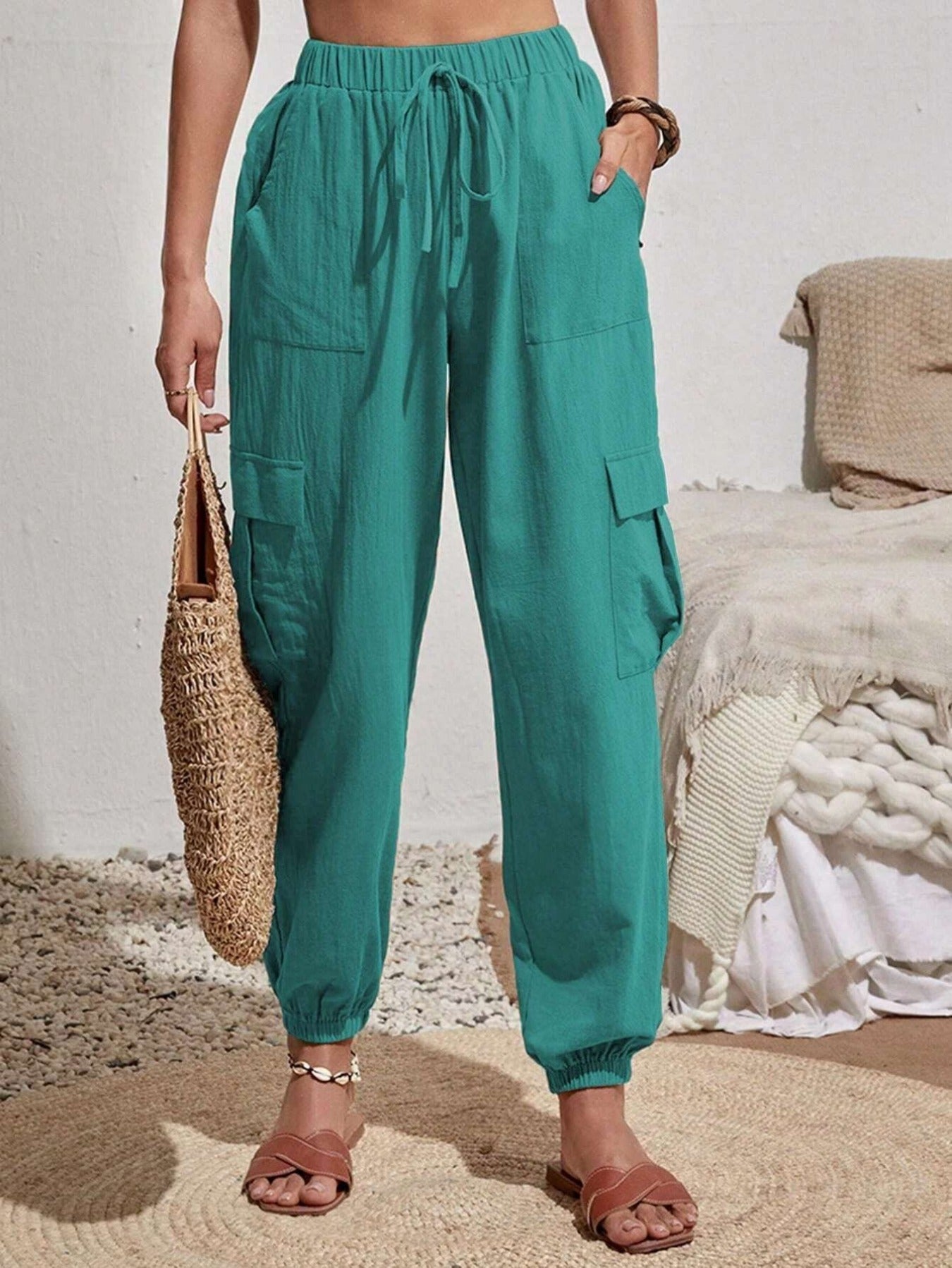Solid Drawstring Pants, Casual Slant Pockets Cargo Pants