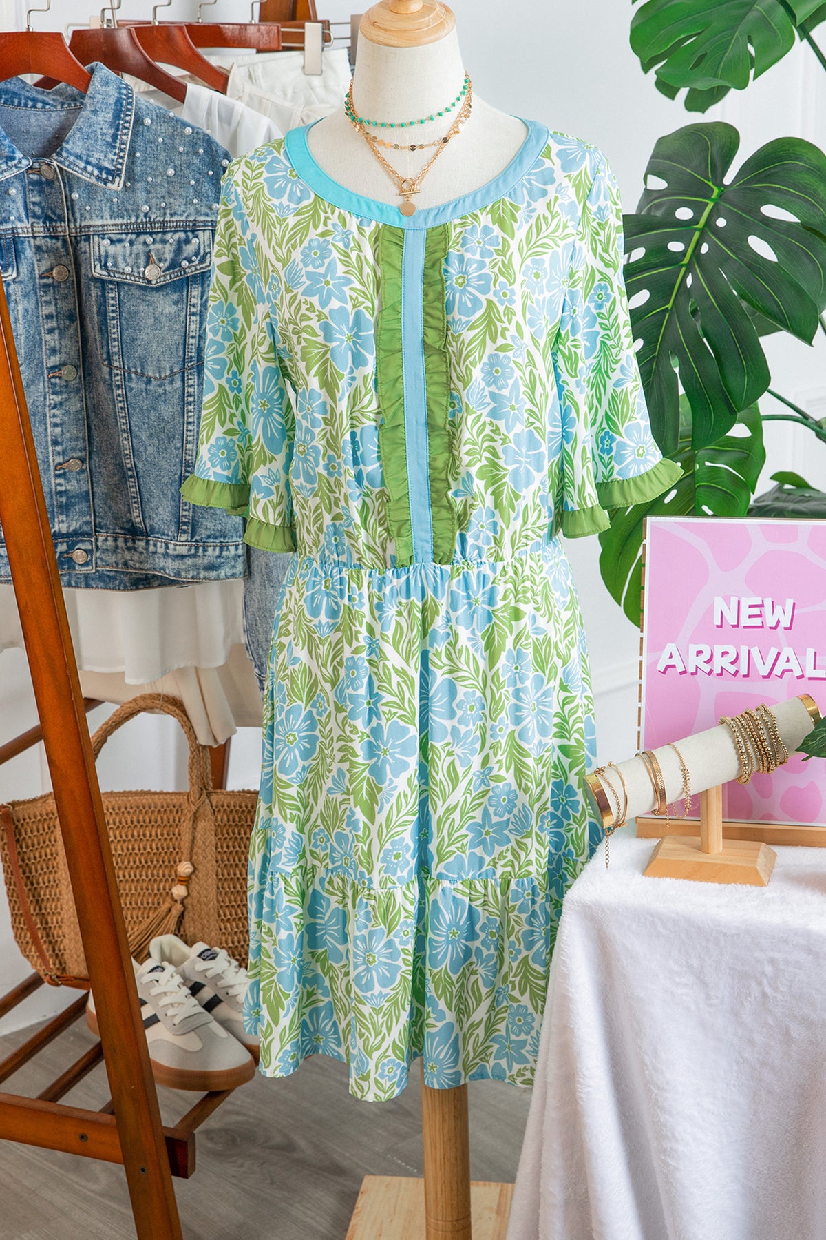 Sky Blue Floral Print High Waist Ruffle Short Sleeve Mini Dress