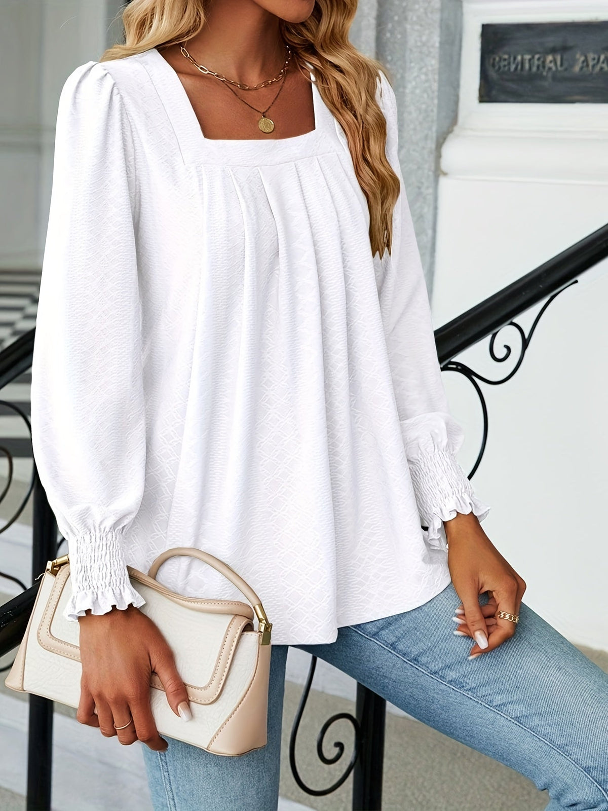 Elegant T-shirt, Women's  Argyle Textured Shirred Lantern Sleeve Square Neck Ruched Top
