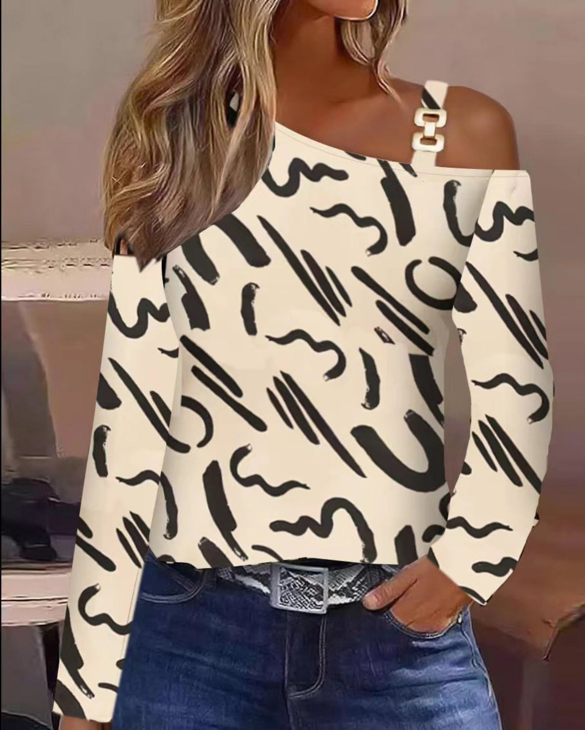 Women's Solid Striped Metal Decor Long Sleeve One Shoulder Top