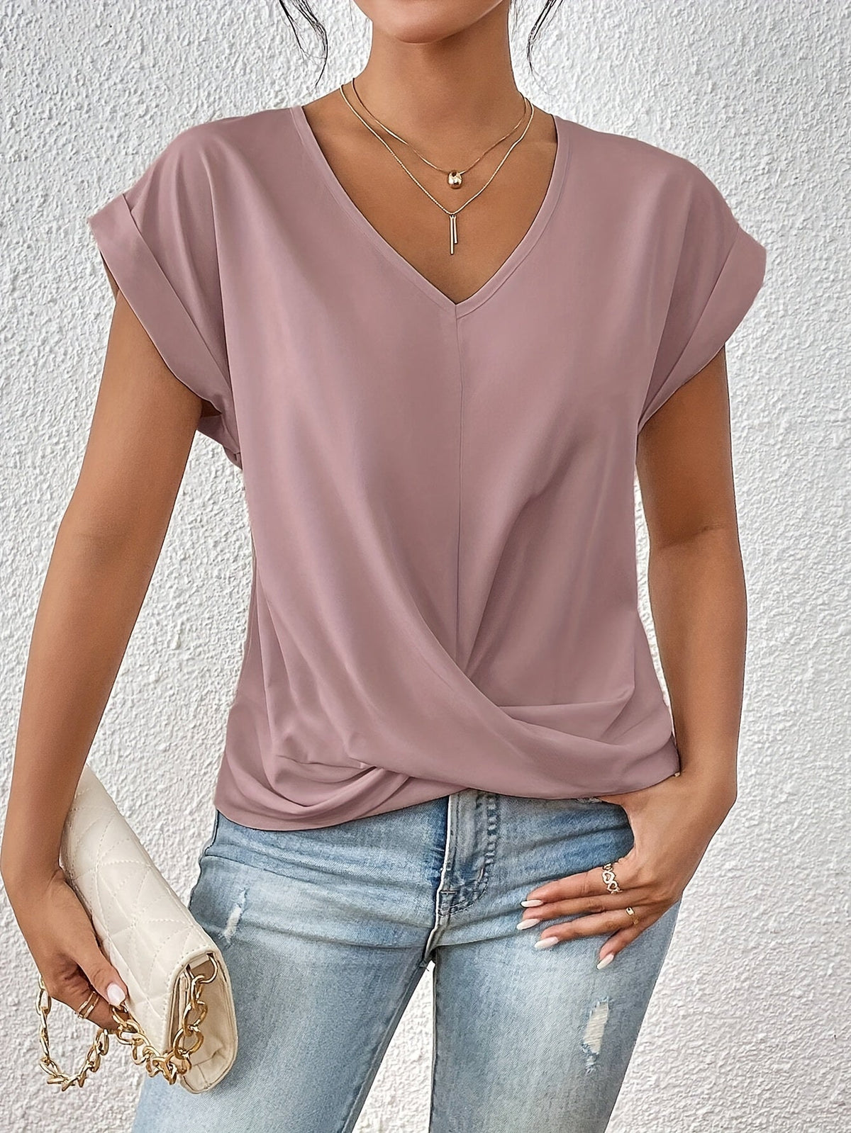 Women's Knot V Neck T-Shirt - Casual Short Sleeve Top