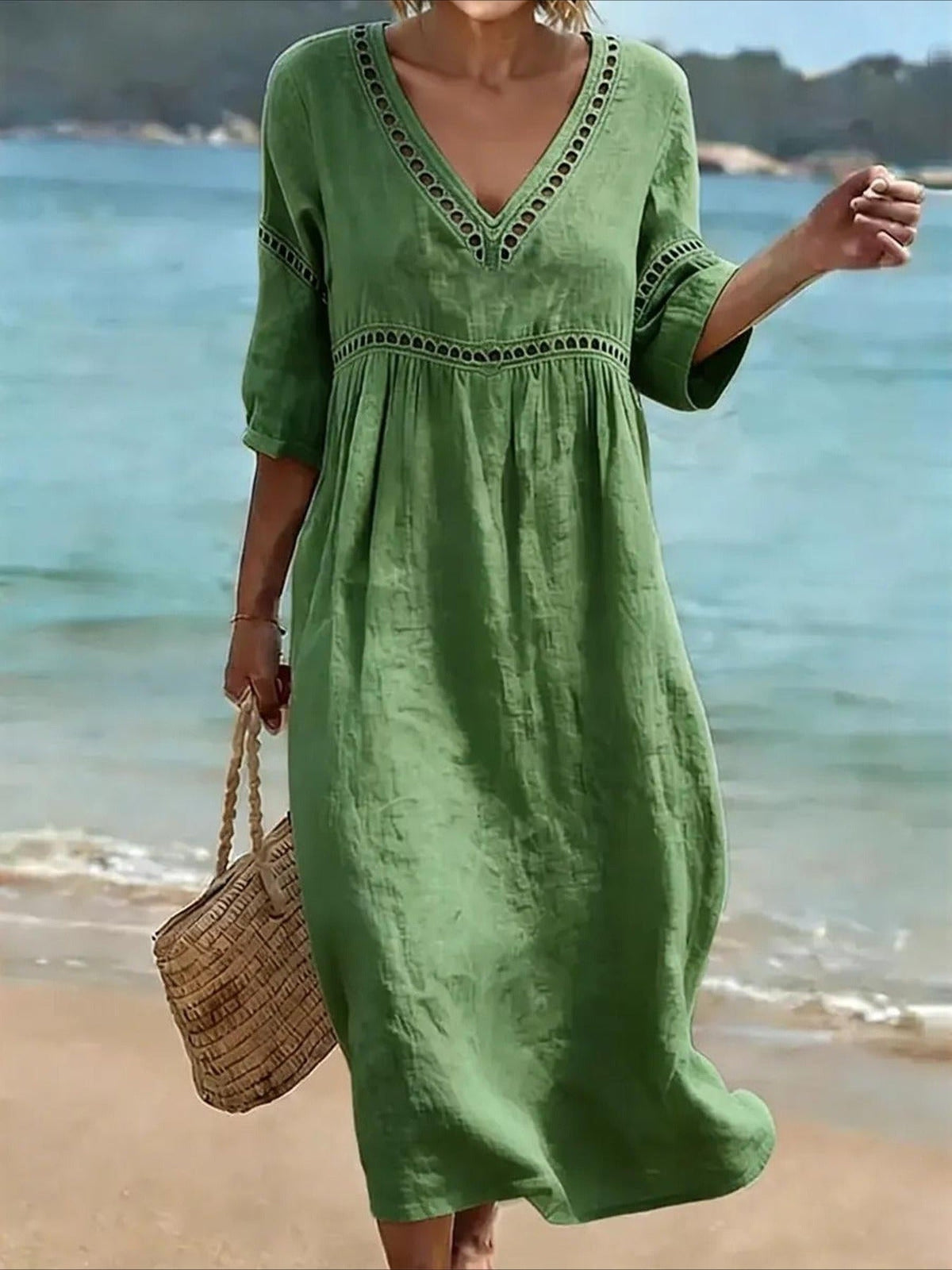 Casual V-Neck Solid Color Hollow Out Dress