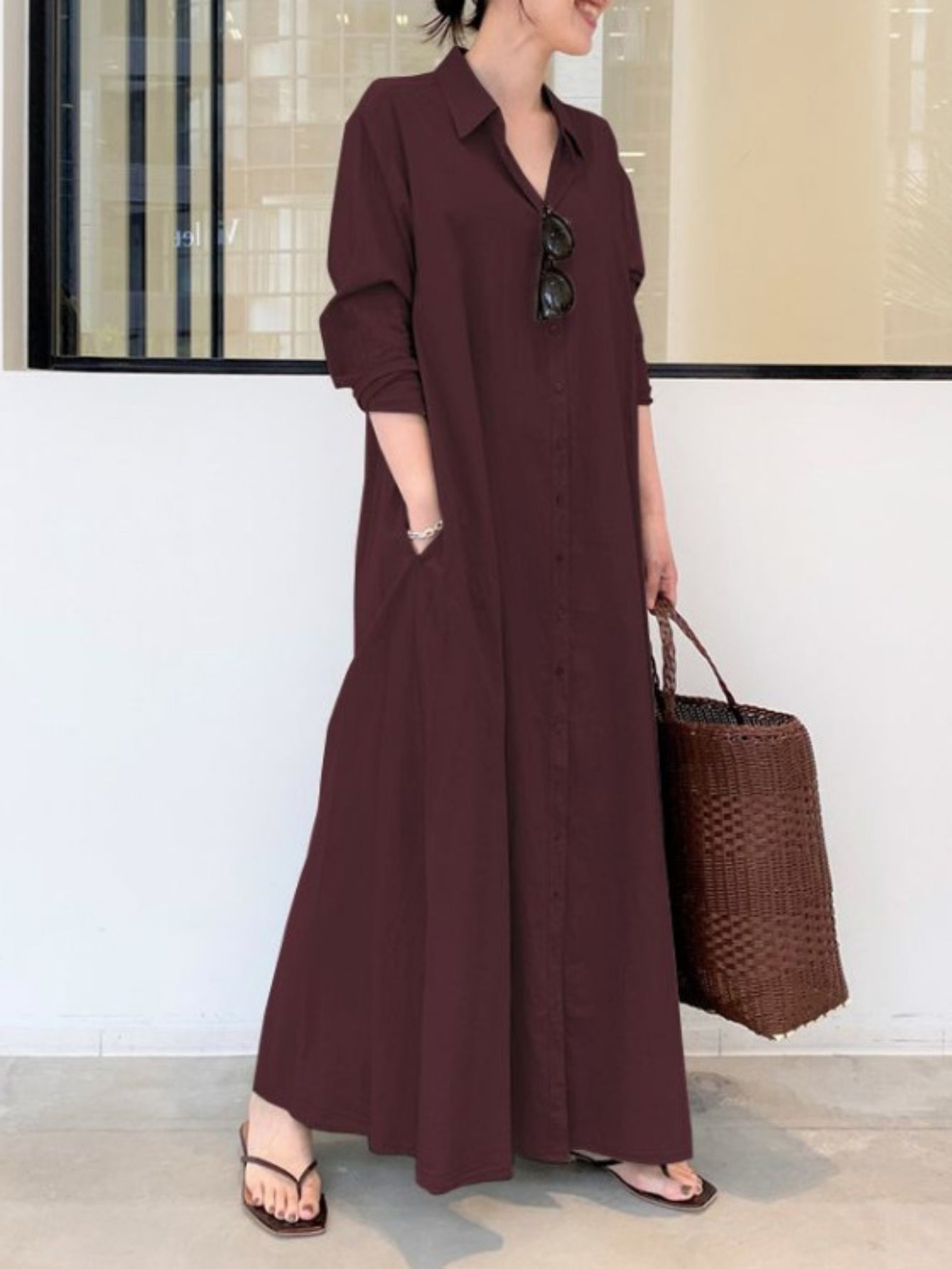 Solid Color Single Breasted Simple Dress, Elegant Long Sleeve Maxi Loose Dress