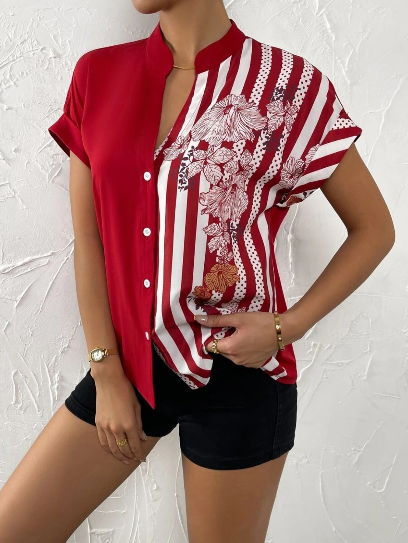 Women's Floral Print Contrast Blouse - Casual Cap Sleeve Collar Top for Effortless Style