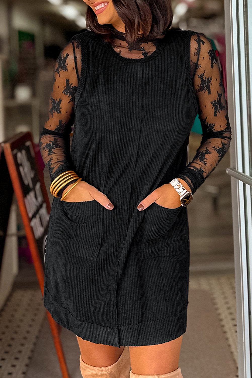 Black Corduroy Sleeveless Mini Dress With Patched Pockets