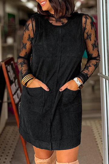 Black Corduroy Sleeveless Mini Dress With Patched Pockets