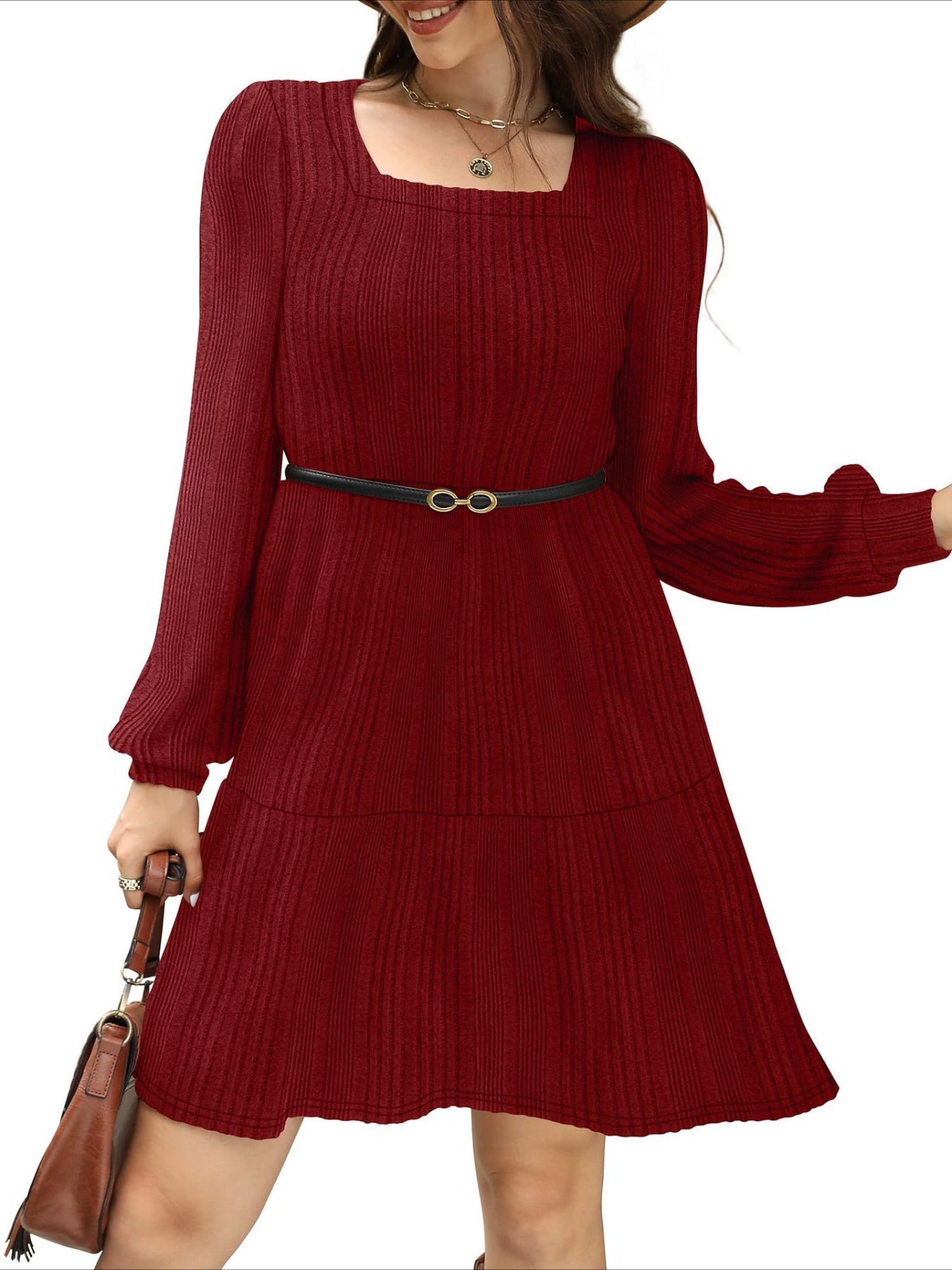 Square Neck Long Sleeve Dress with Pockets