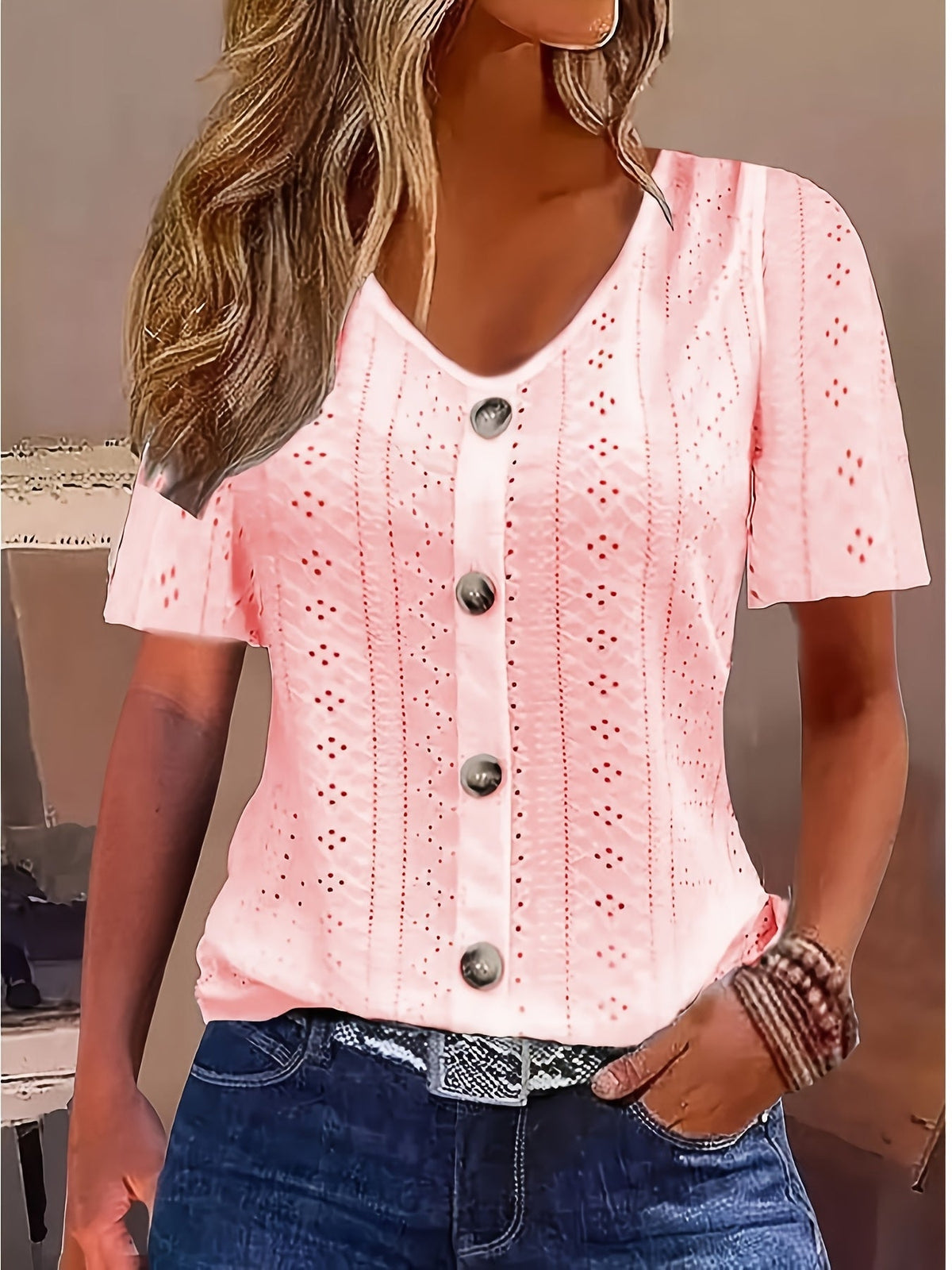 Elegant V-Neck Short Sleeve T-Shirt with Decorative Buttons