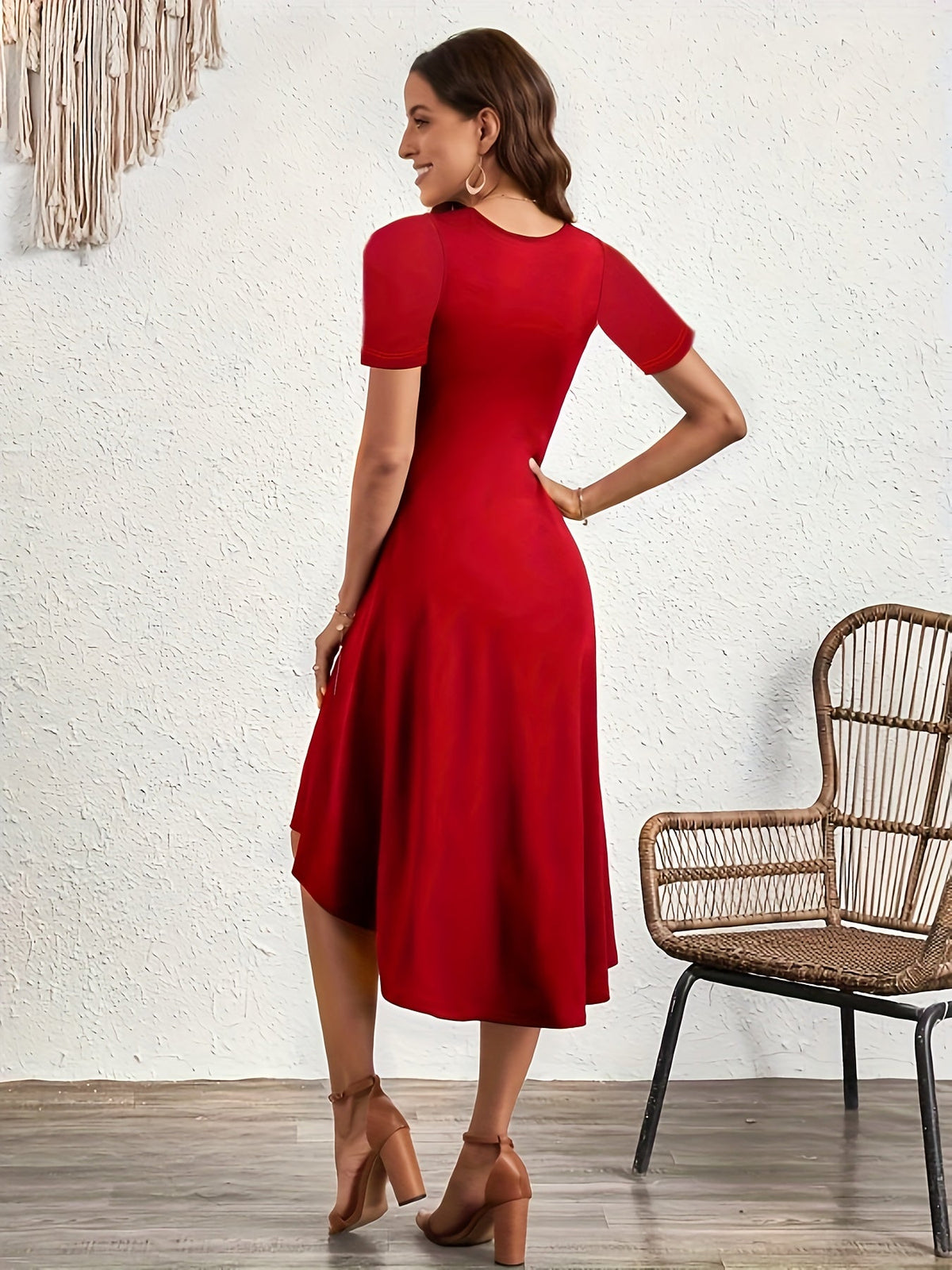 Ruched Solid Crew Neck Dress, Elegant Short Sleeve Dress