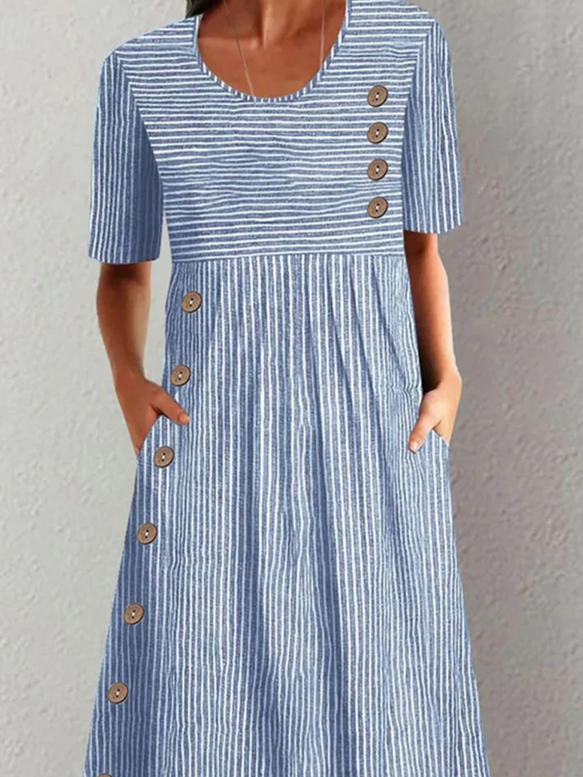Women Striped Crew Neck Short Sleeve Comfy Casual Buckle Midi Dress